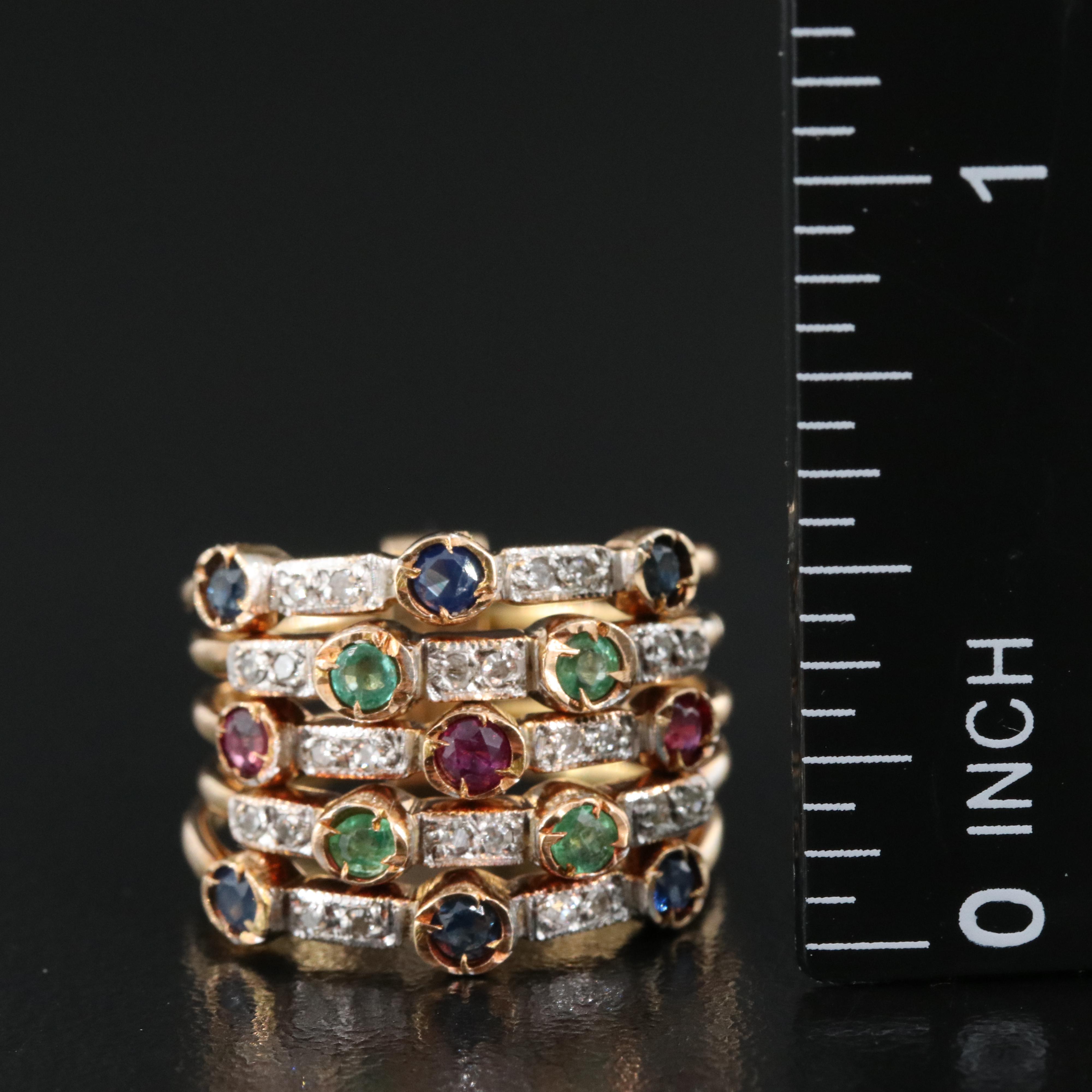 14K Sapphire, Ruby, Emerald and Diamond Connected Stacking Rings