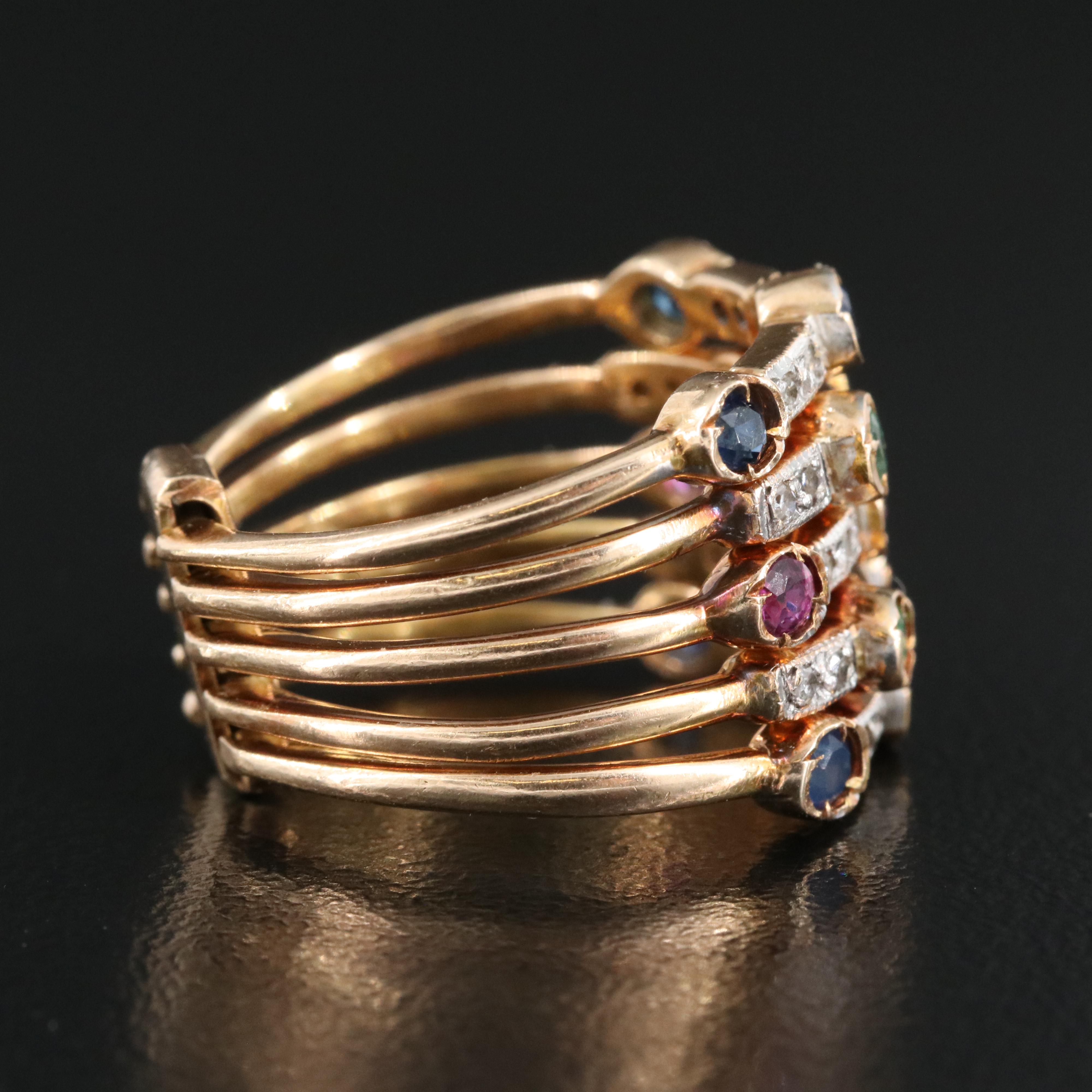 14K Sapphire, Ruby, Emerald and Diamond Connected Stacking Rings