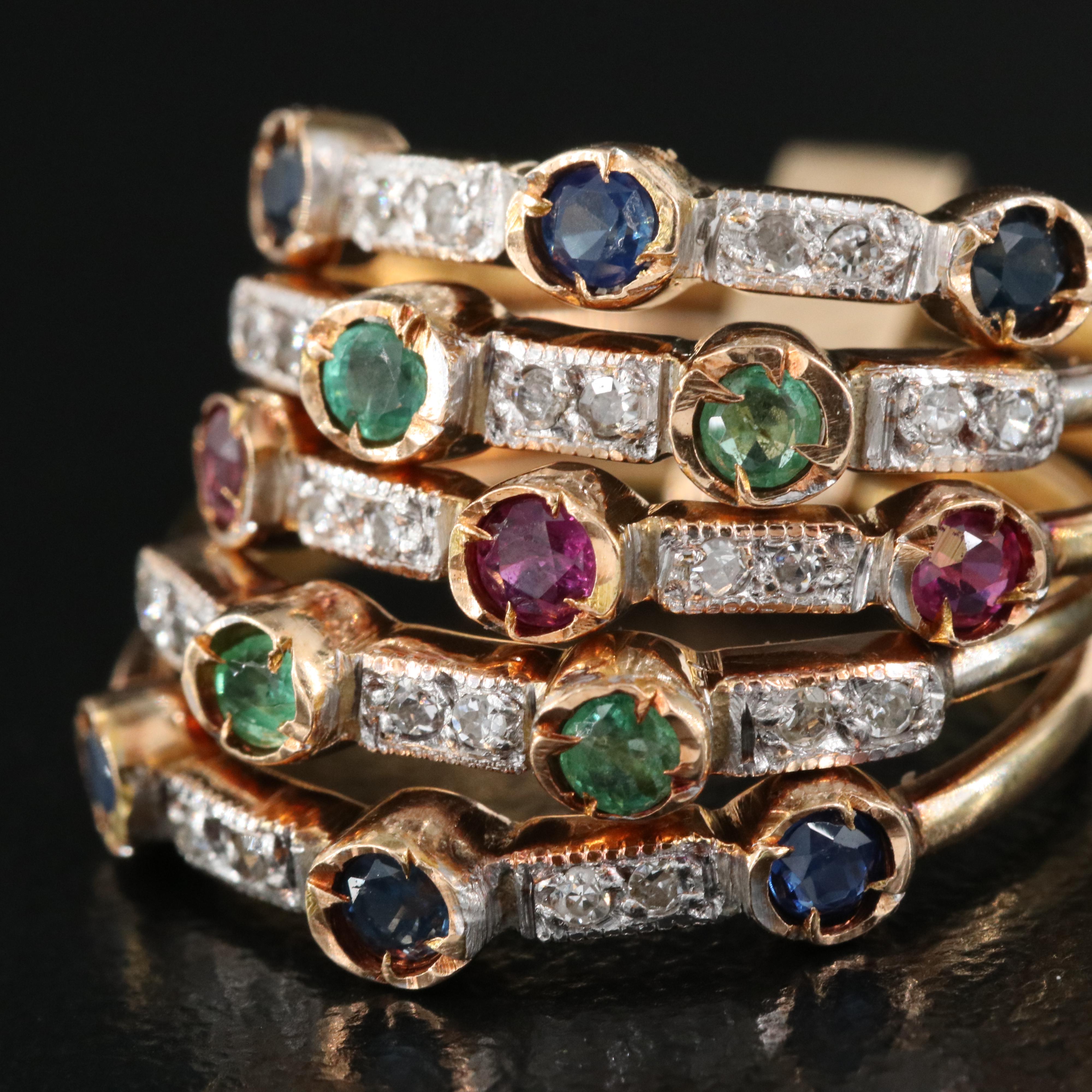 14K Sapphire, Ruby, Emerald and Diamond Connected Stacking Rings