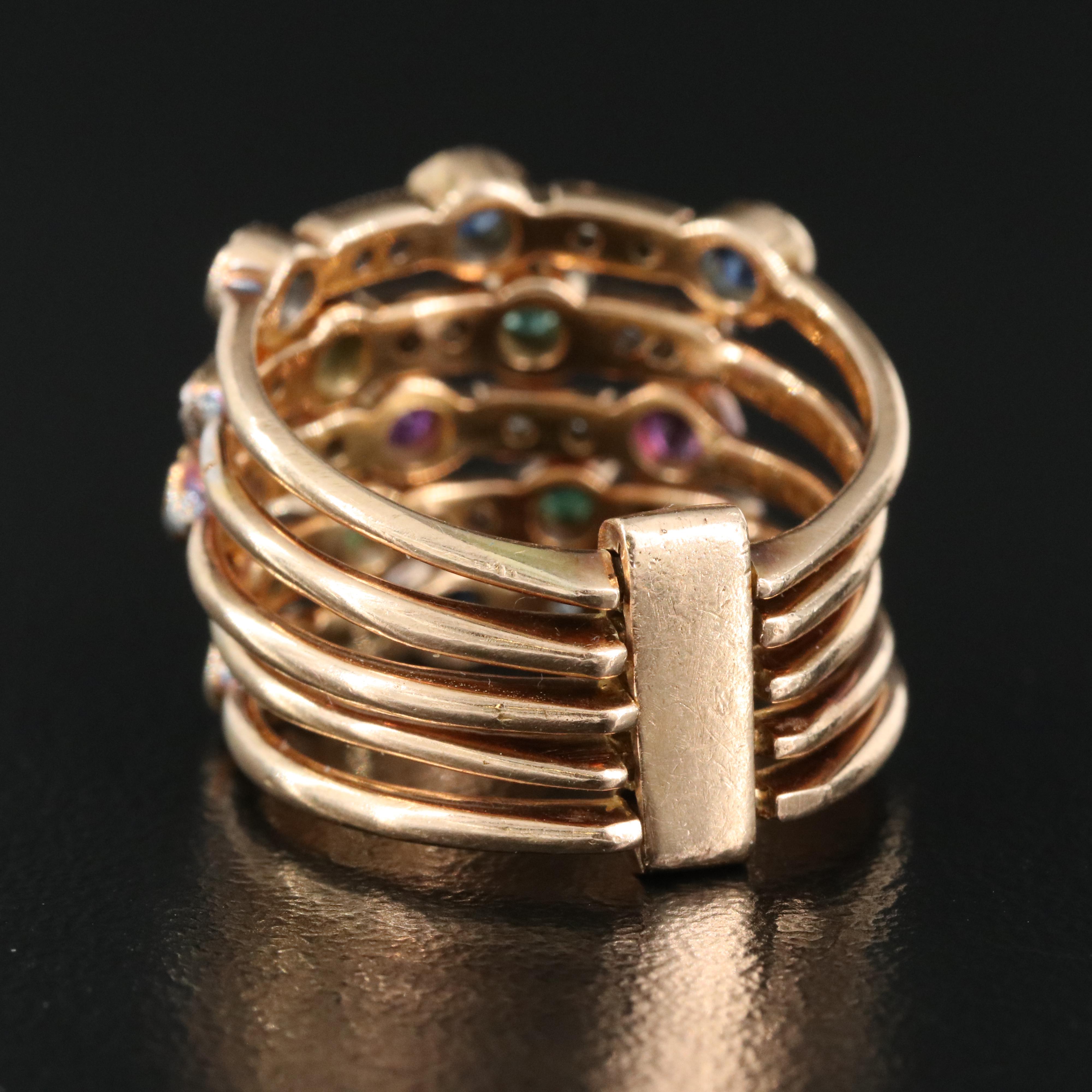 14K Sapphire, Ruby, Emerald and Diamond Connected Stacking Rings