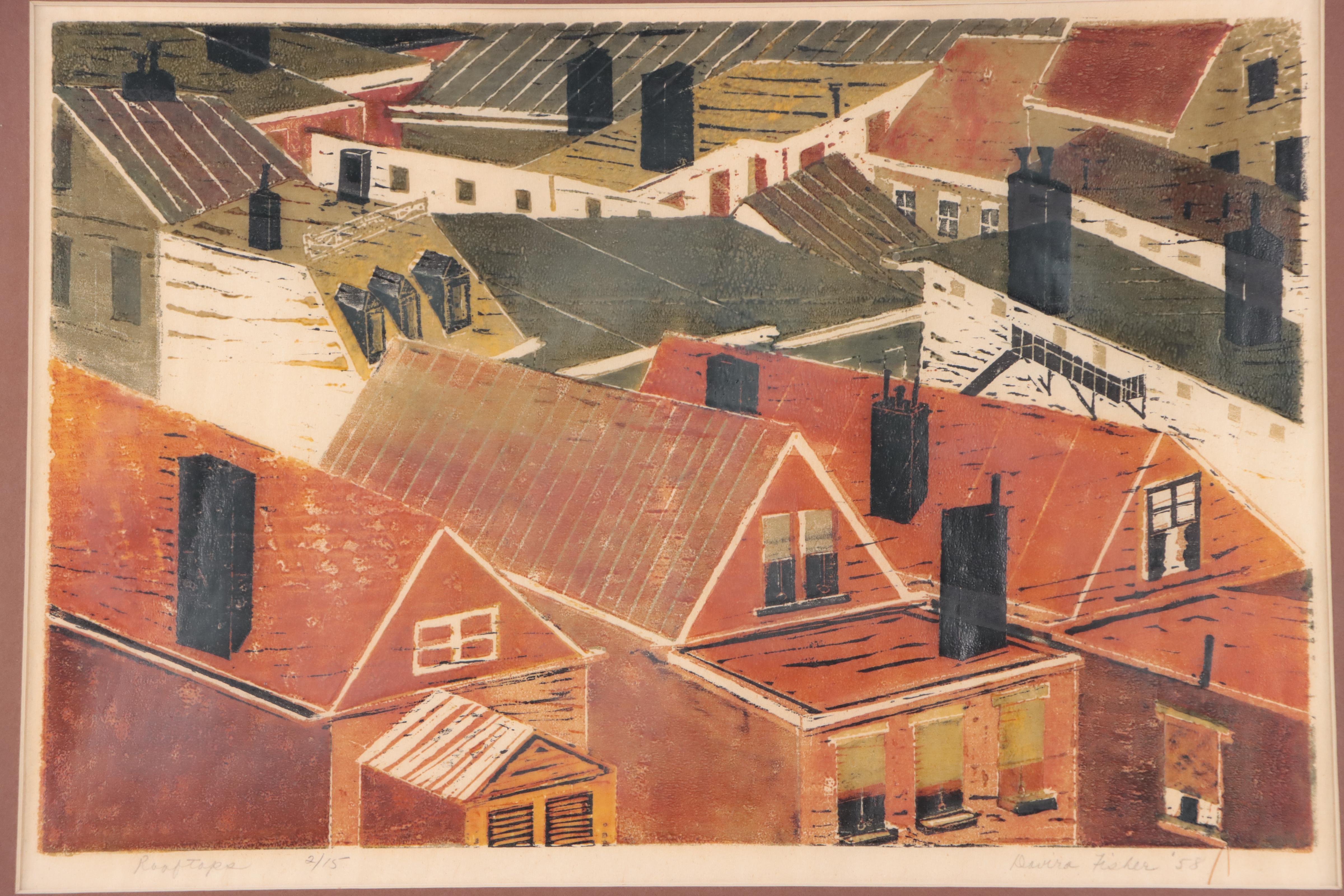 Davira Fisher Woodblock Print "Rooftops," 1958
