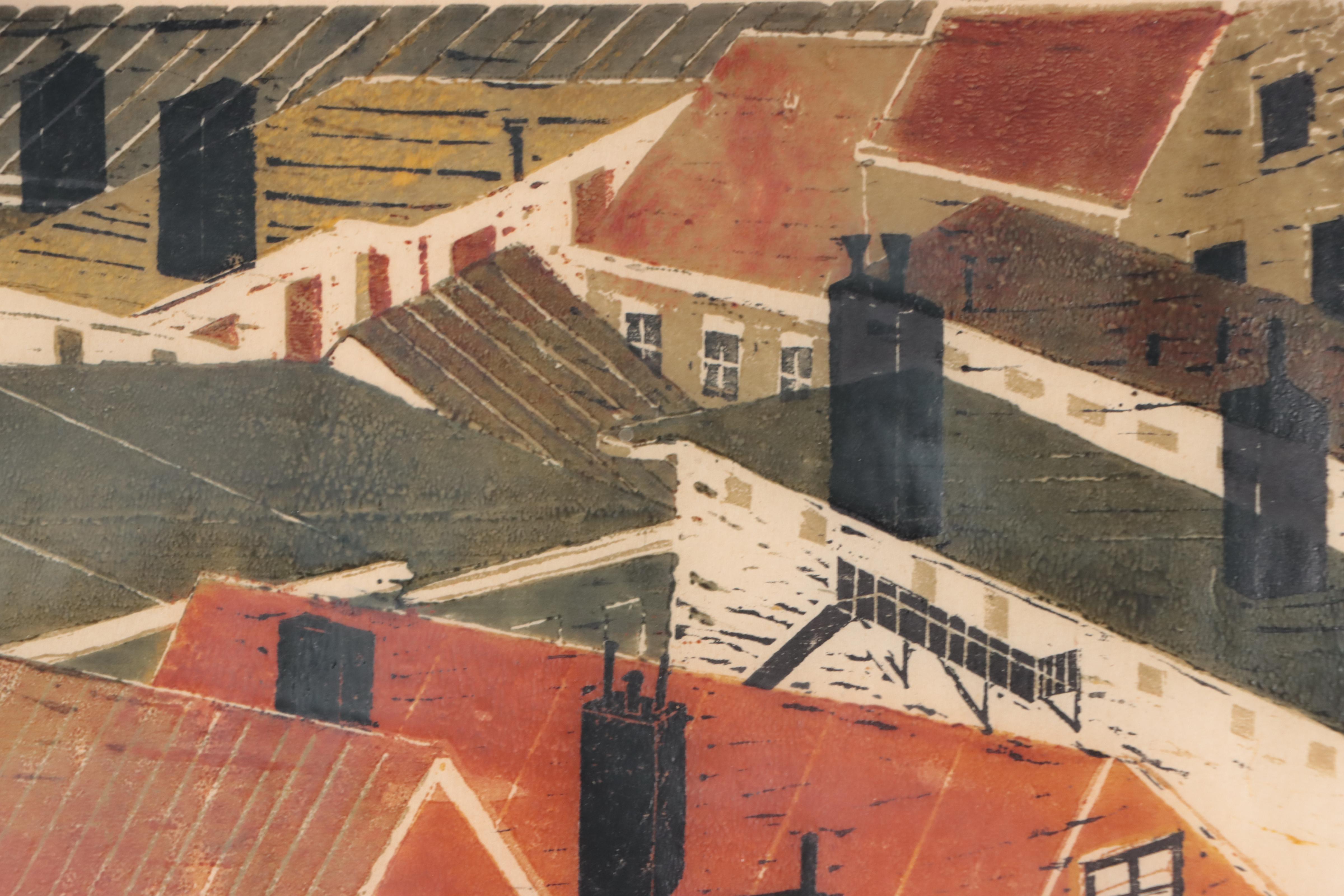 Davira Fisher Woodblock Print "Rooftops," 1958