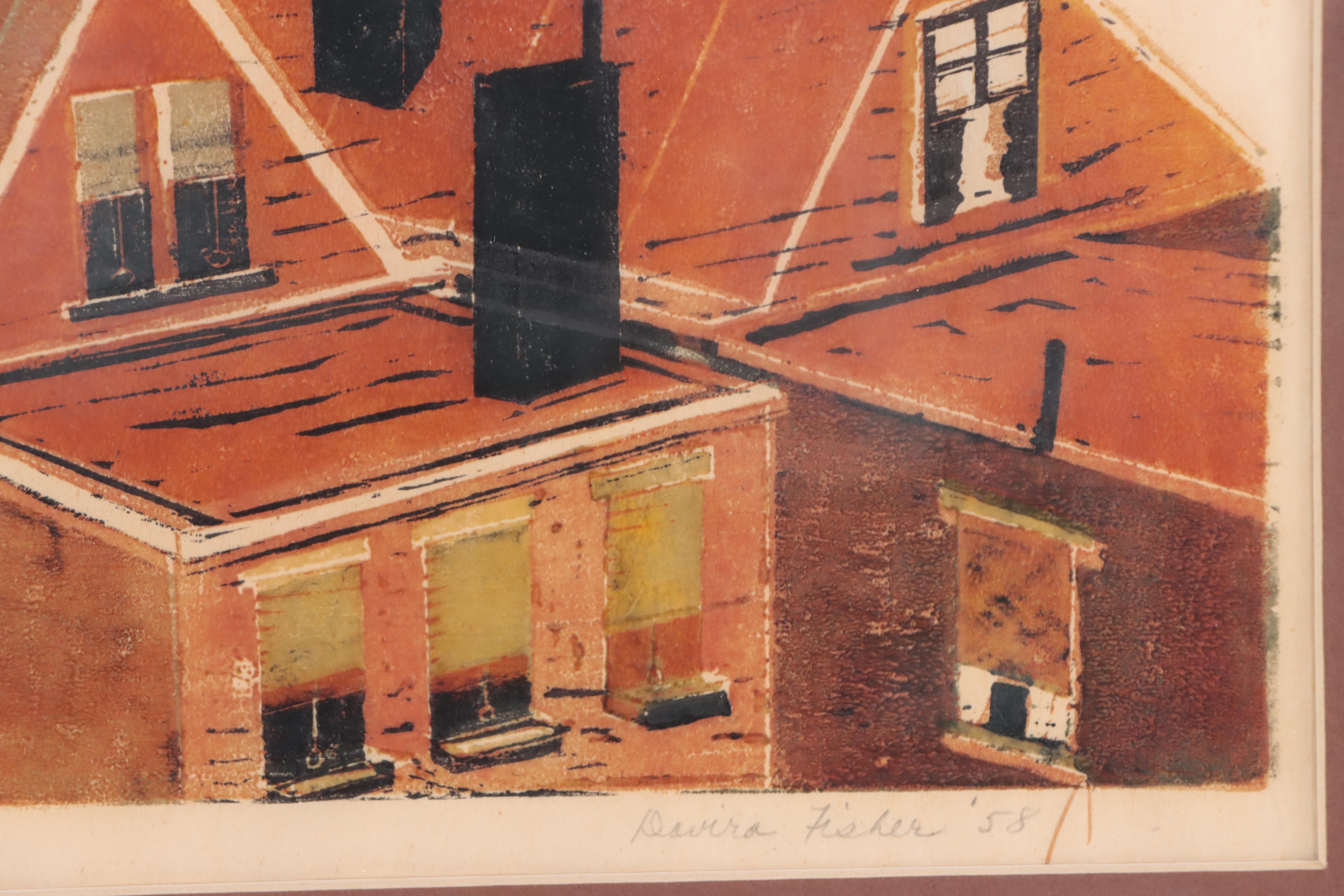 Davira Fisher Woodblock Print "Rooftops," 1958