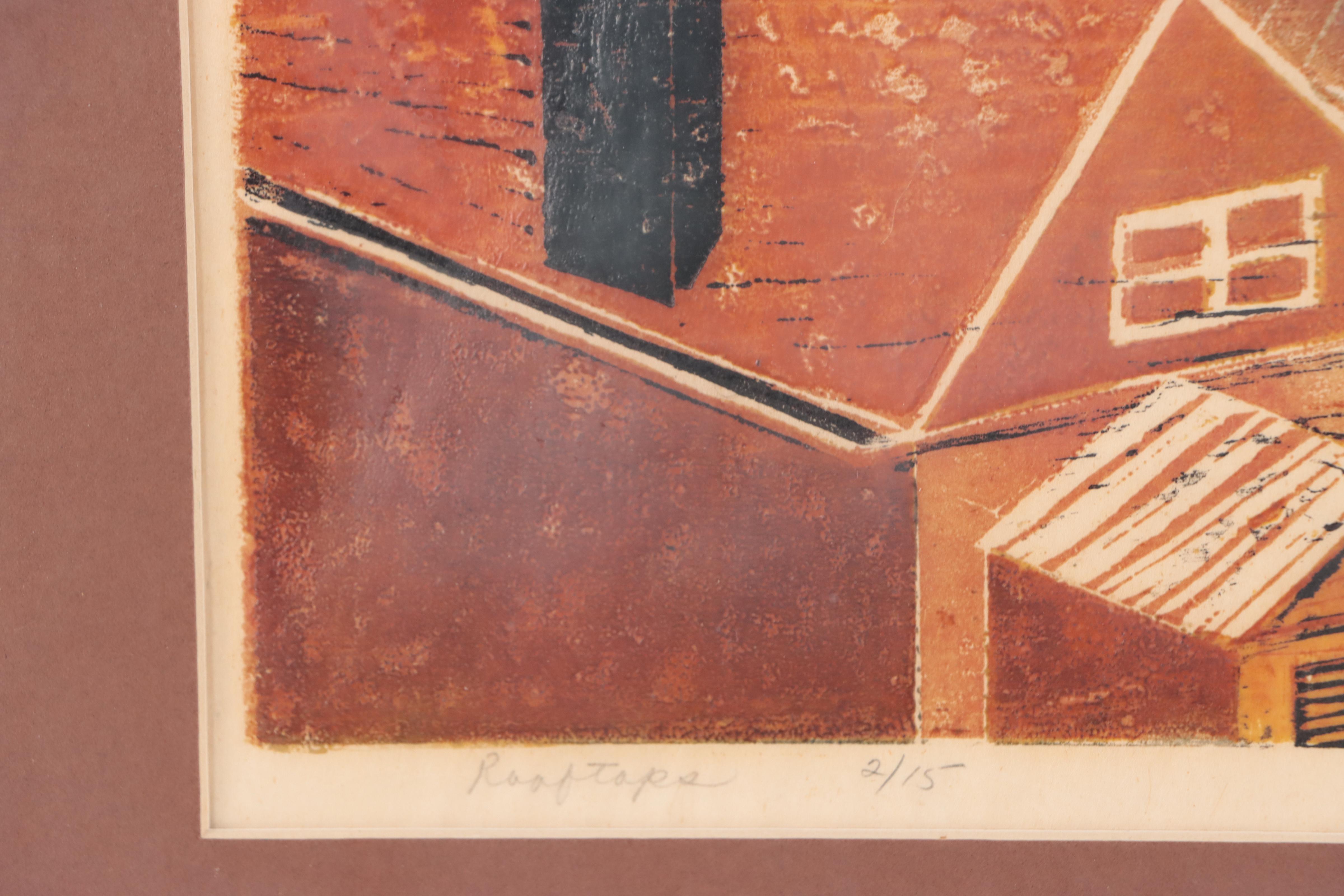 Davira Fisher Woodblock Print "Rooftops," 1958