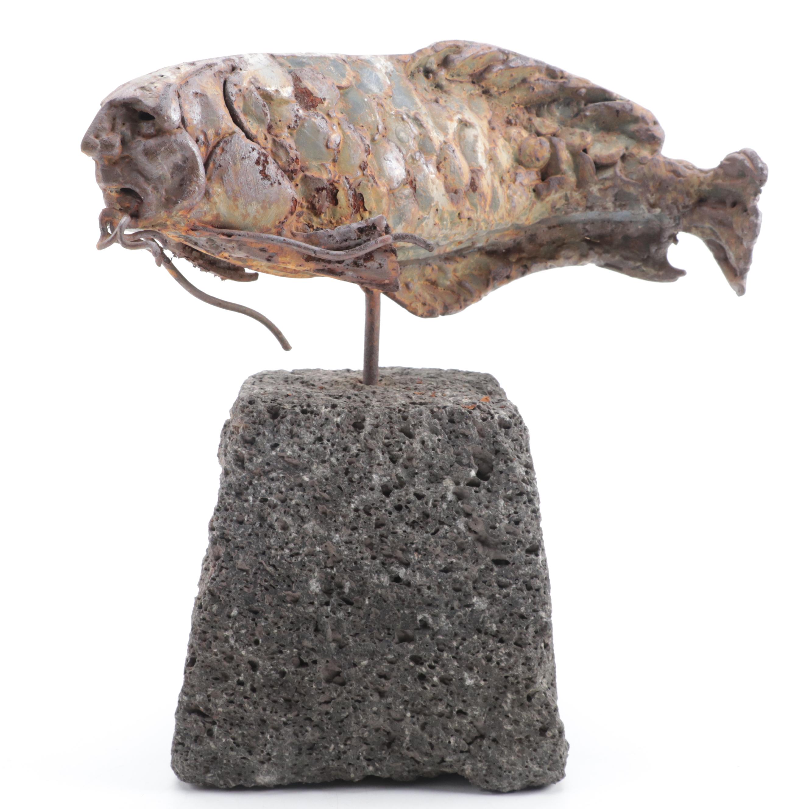 Theodore Gall Iron Sculpture of a Fish with Human Face, Circa 1987