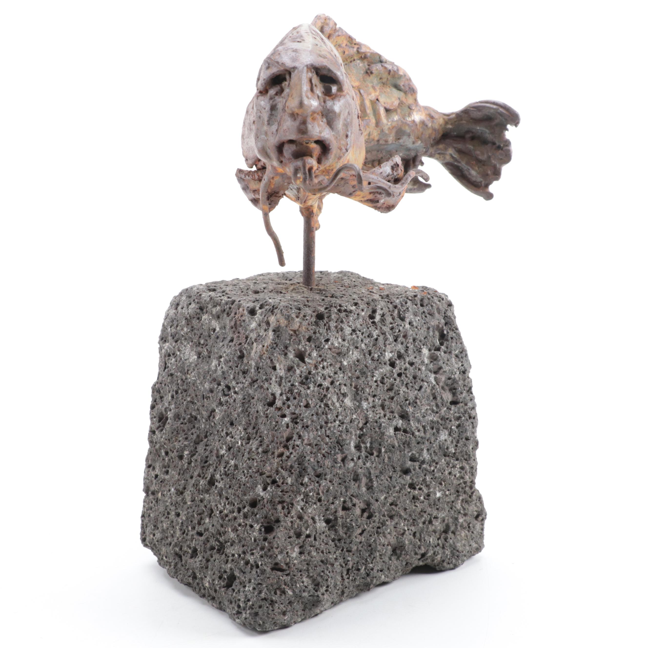 Theodore Gall Iron Sculpture of a Fish with Human Face, Circa 1987