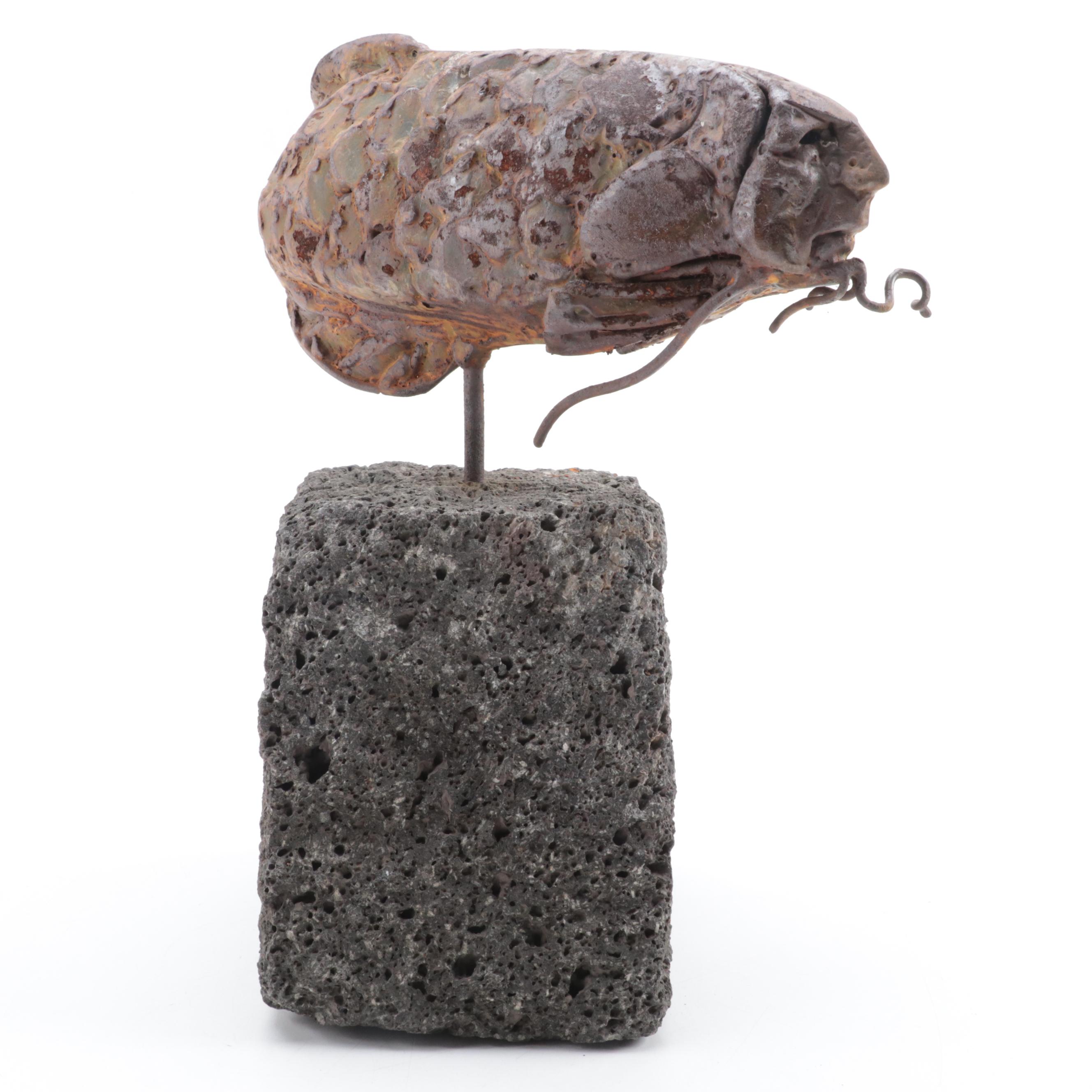 Theodore Gall Iron Sculpture of a Fish with Human Face, Circa 1987