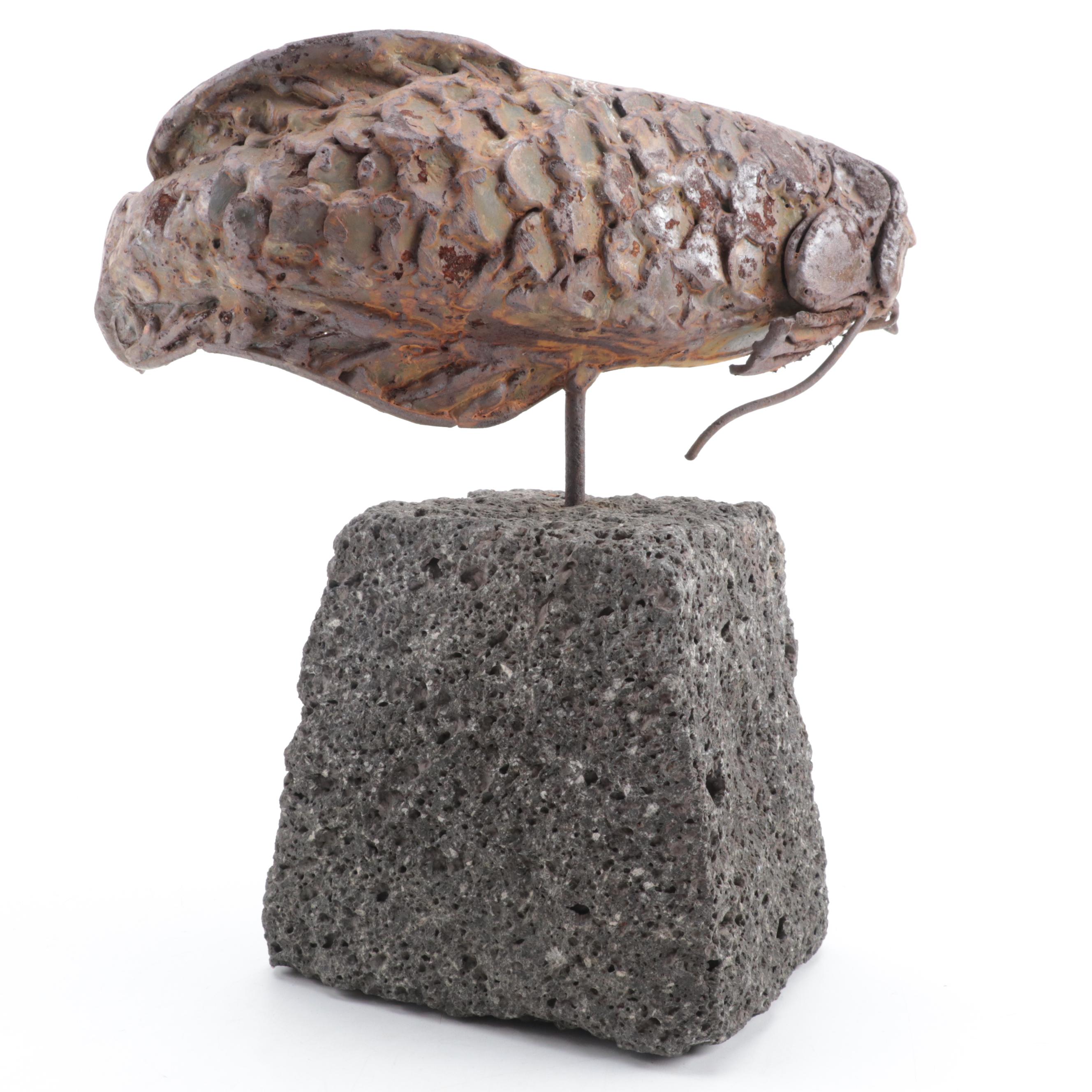 Theodore Gall Iron Sculpture of a Fish with Human Face, Circa 1987