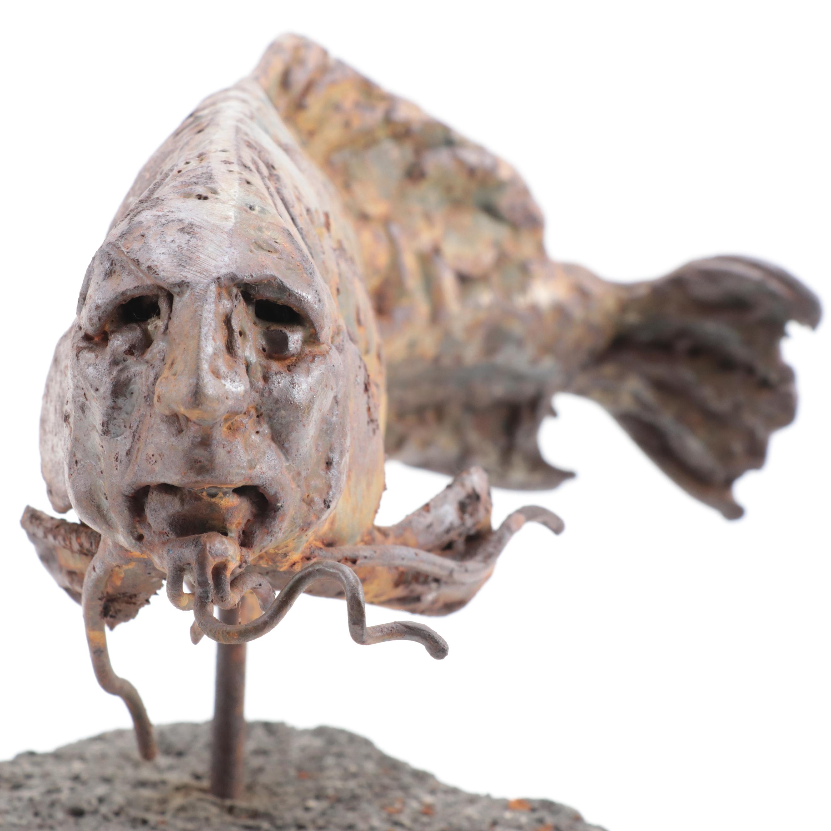 Theodore Gall Iron Sculpture of a Fish with Human Face, Circa 1987