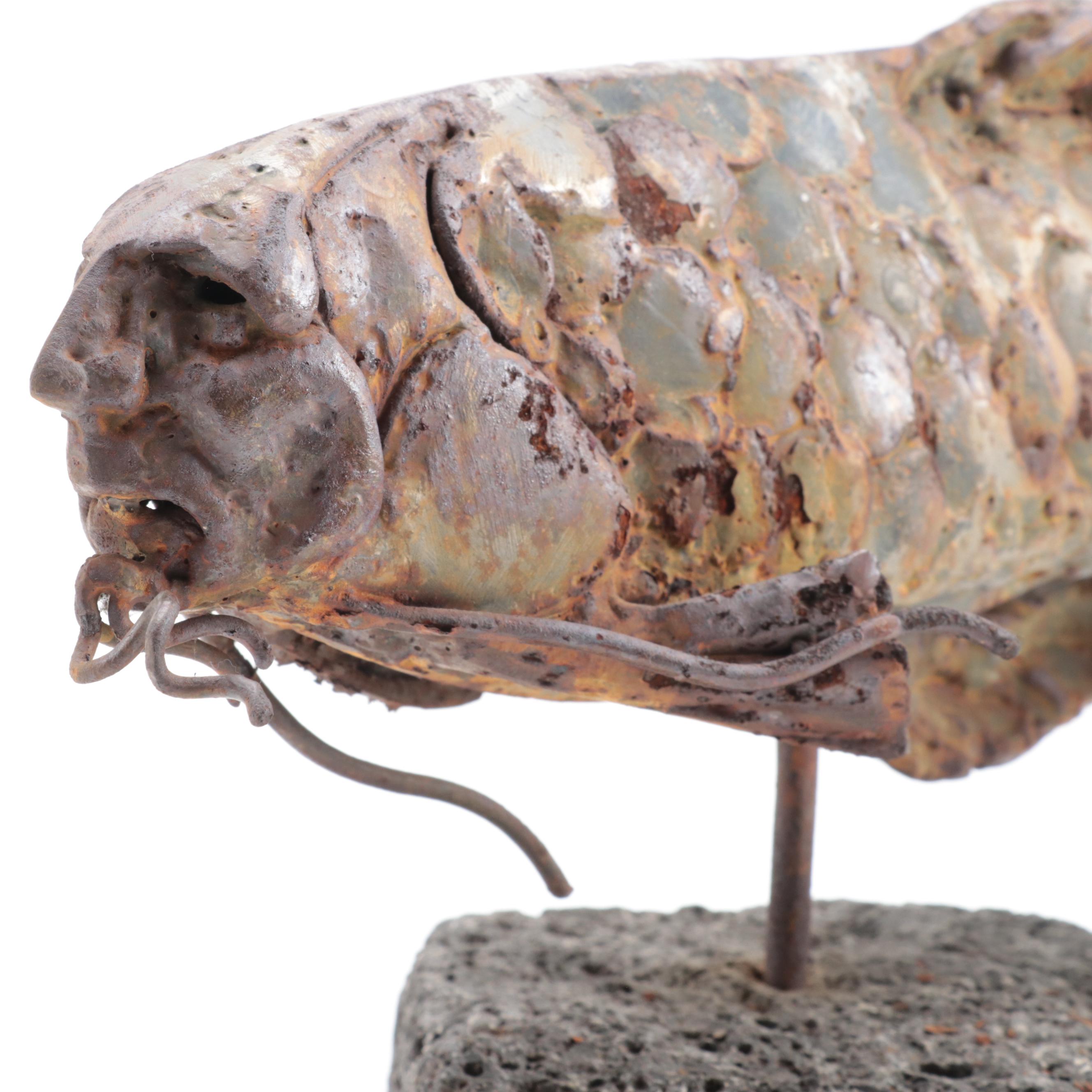 Theodore Gall Iron Sculpture of a Fish with Human Face, Circa 1987
