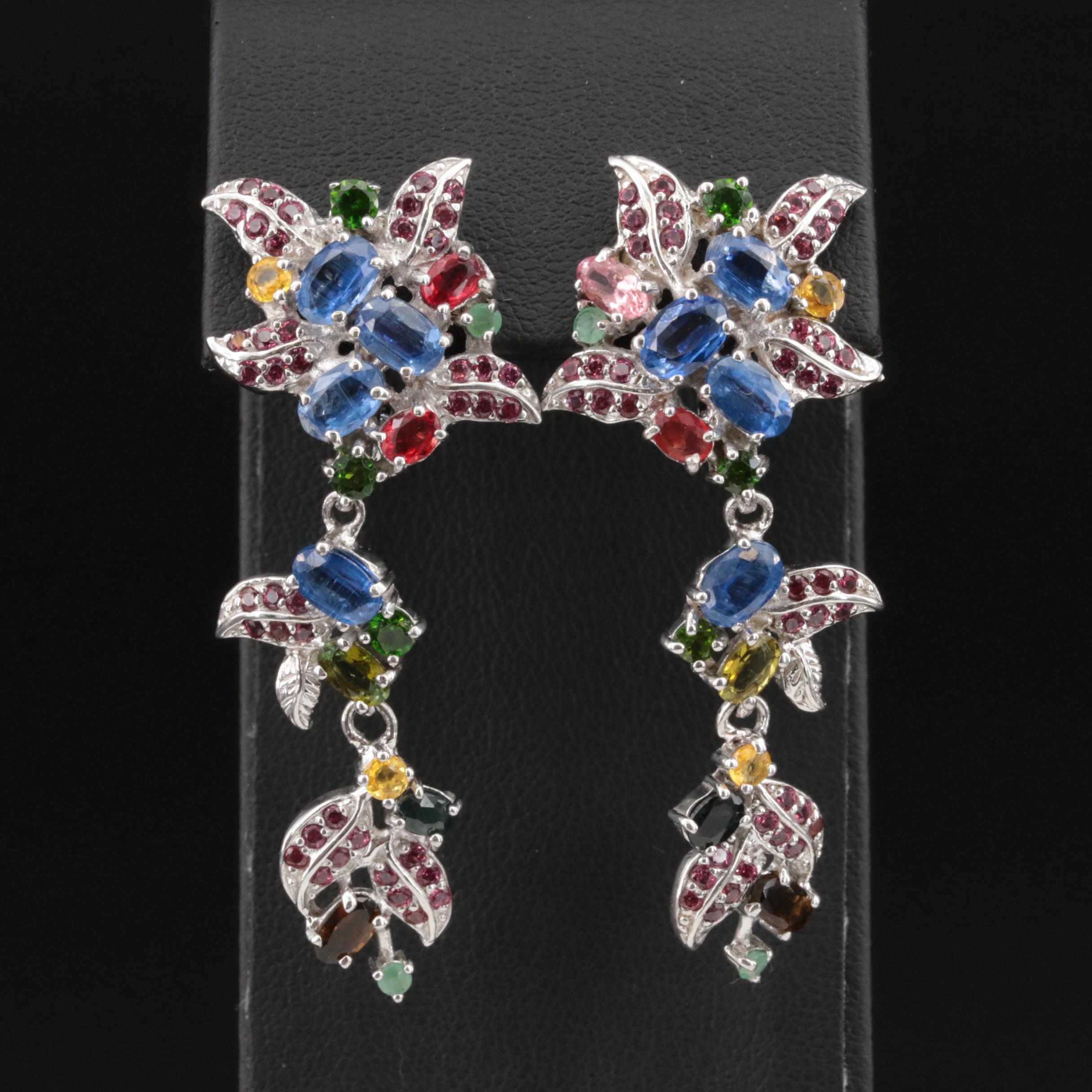 Sterling Kyanite, Sapphire and Garnet Floral Earrings