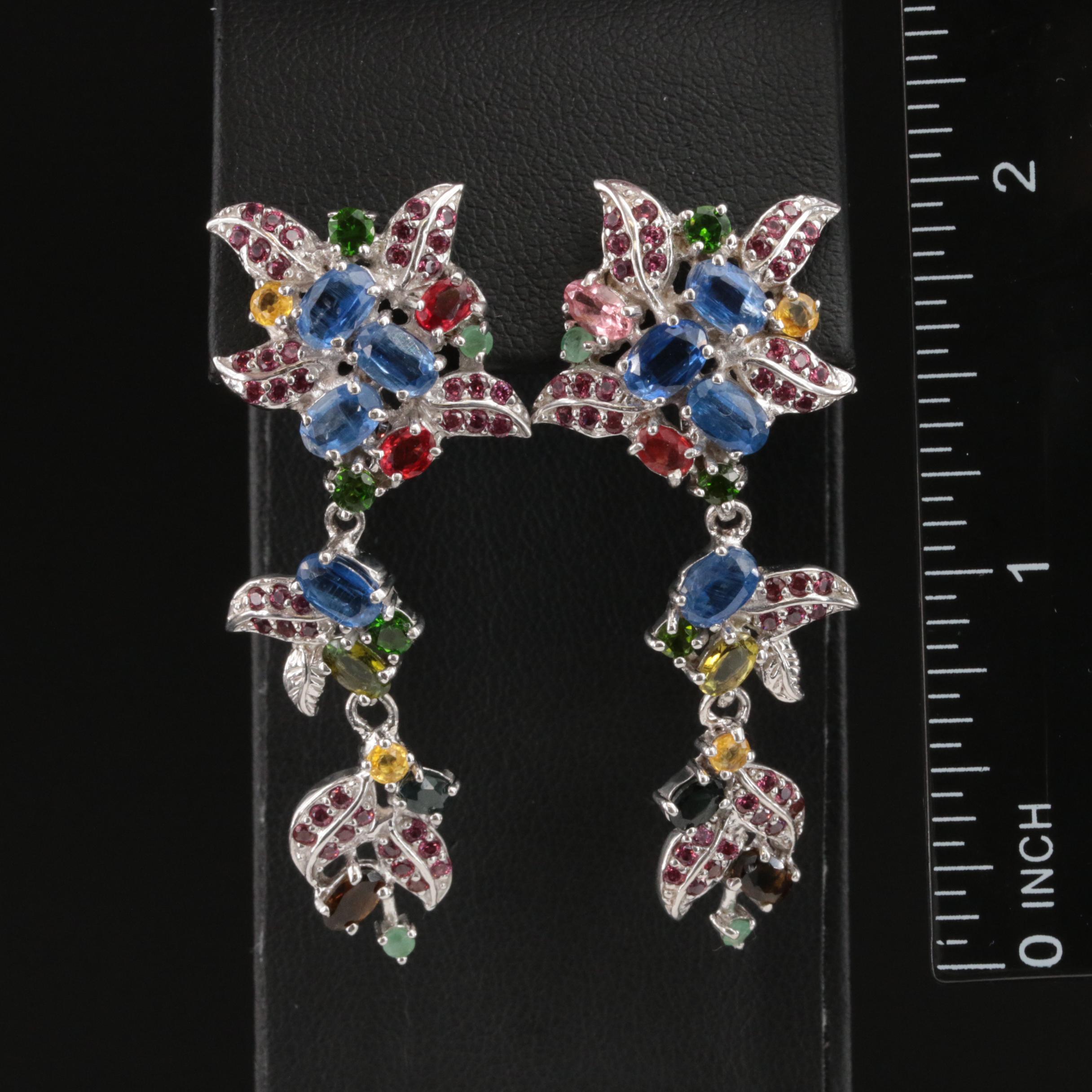 Sterling Kyanite, Sapphire and Garnet Floral Earrings