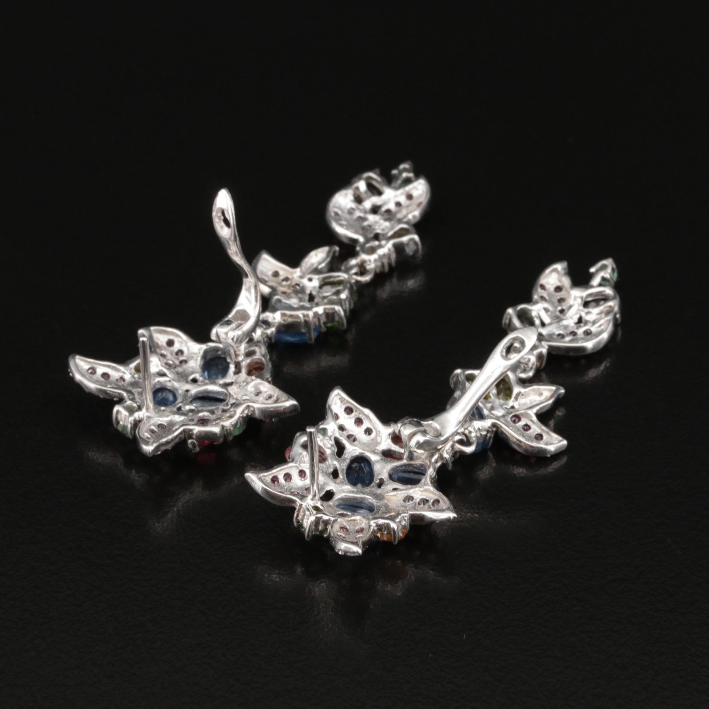 Sterling Kyanite, Sapphire and Garnet Floral Earrings