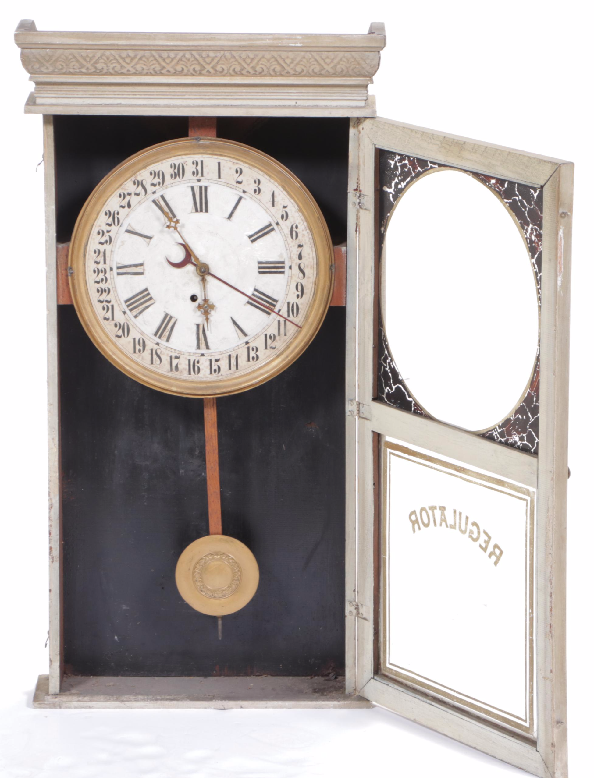 E. Ingraham Co. Painted Oak Regulator Clock w/ Calendar Dial, Early 20th Century