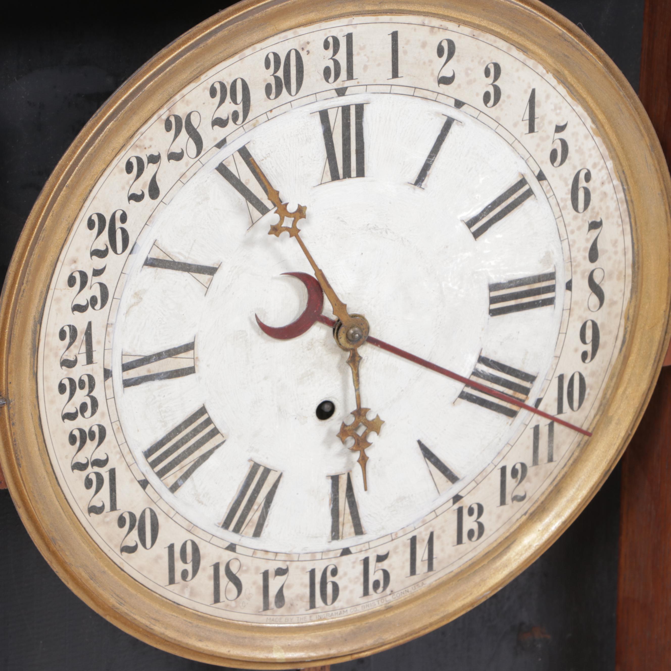 E. Ingraham Co. Painted Oak Regulator Clock w/ Calendar Dial, Early 20th Century