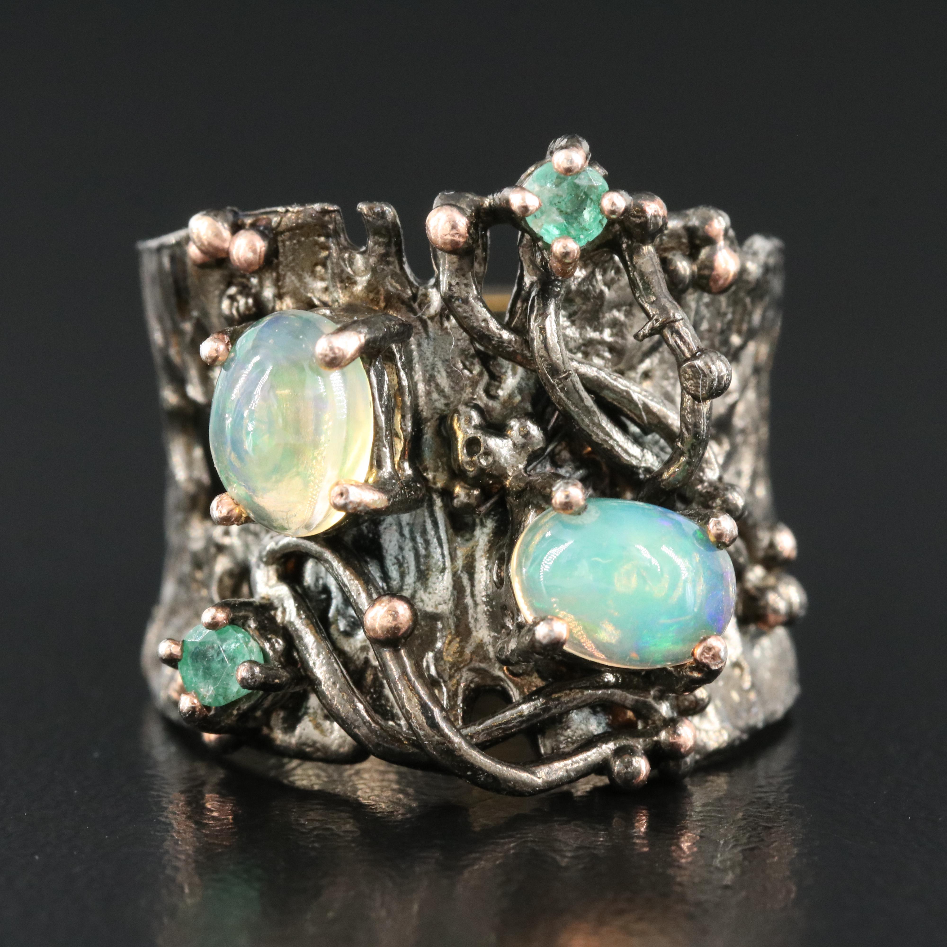 Sterling Opal and Emerald Organic Ring