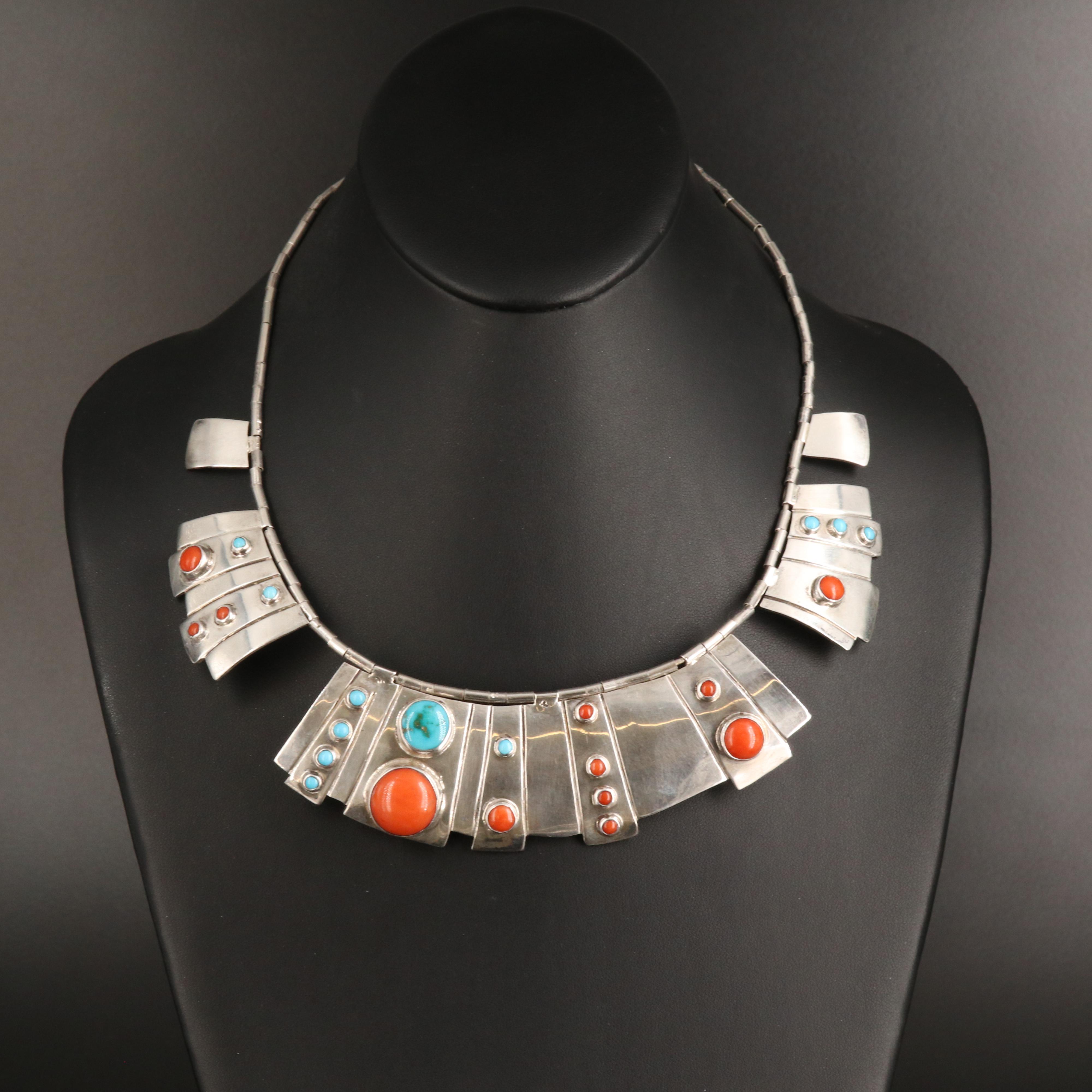 Southwestern Sterling Turquoise and Coral Necklace