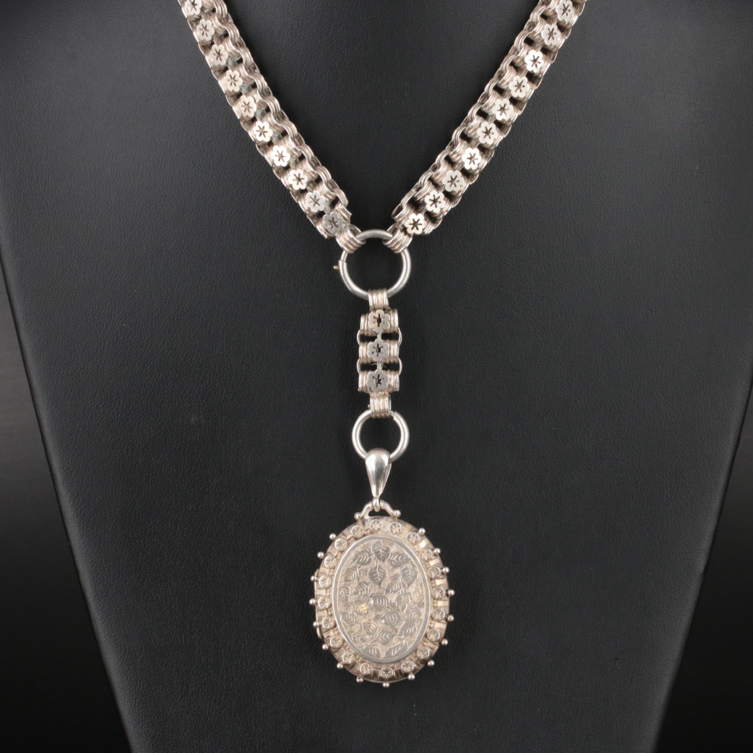 1860s Sterling Foliate Engraved Locket Drop Necklace