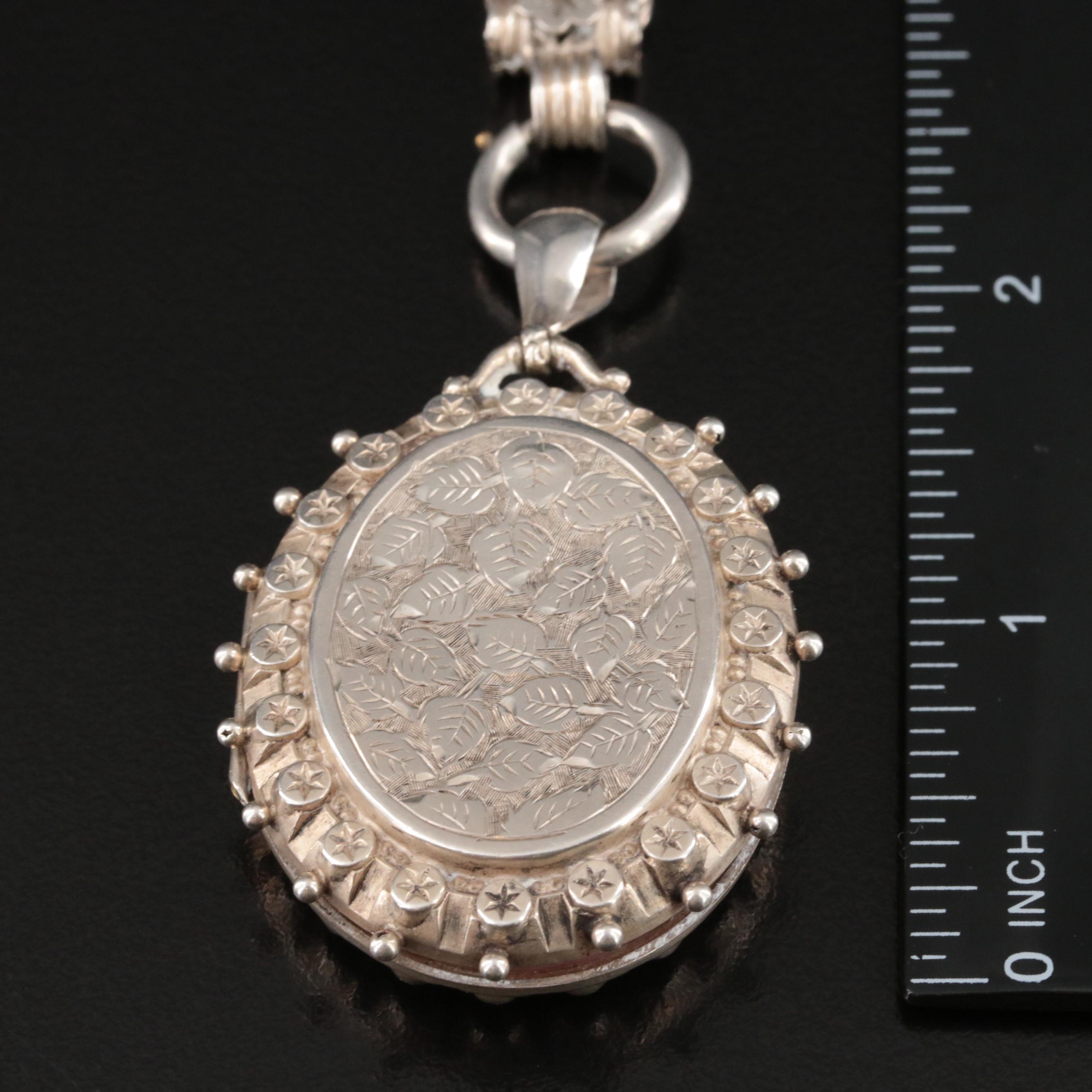 1860s Sterling Foliate Engraved Locket Drop Necklace