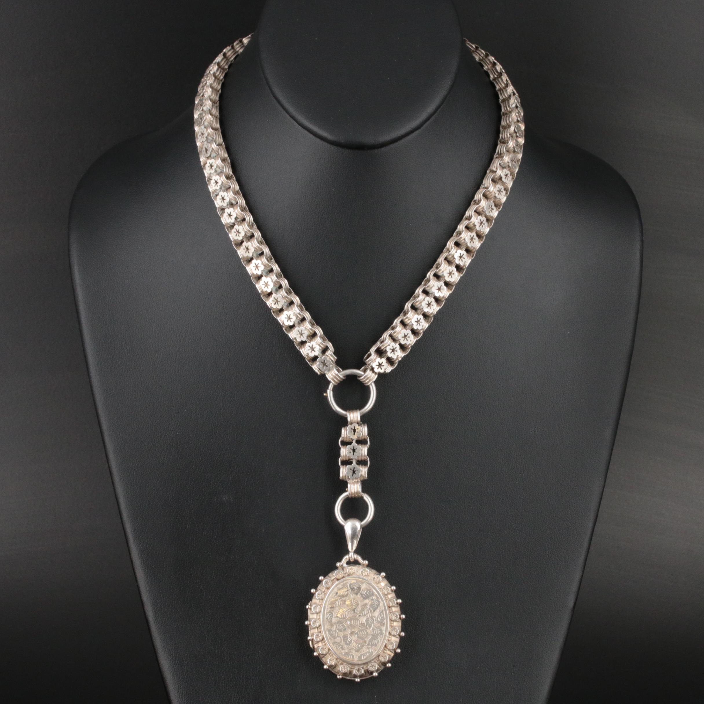 1860s Sterling Foliate Engraved Locket Drop Necklace
