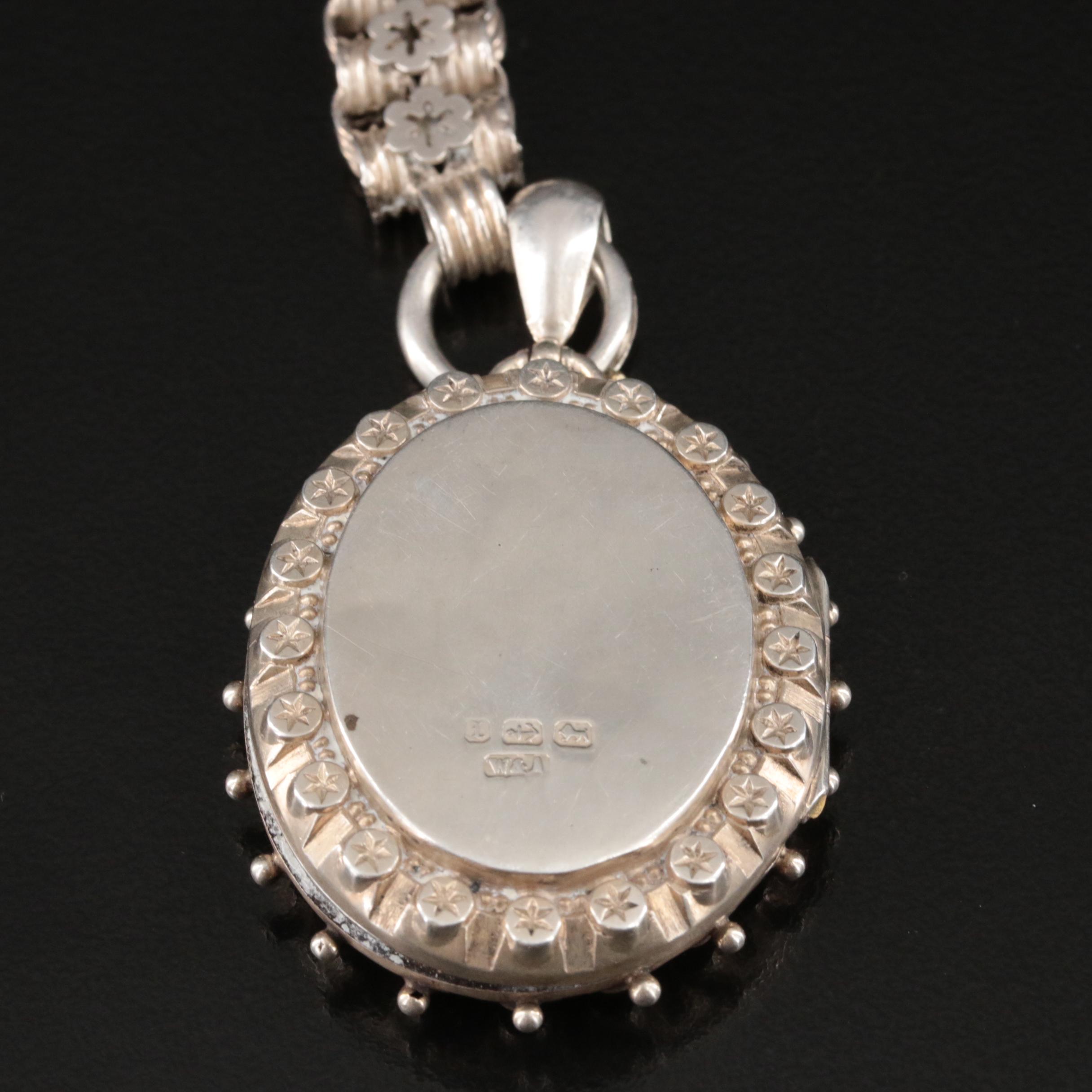 1860s Sterling Foliate Engraved Locket Drop Necklace
