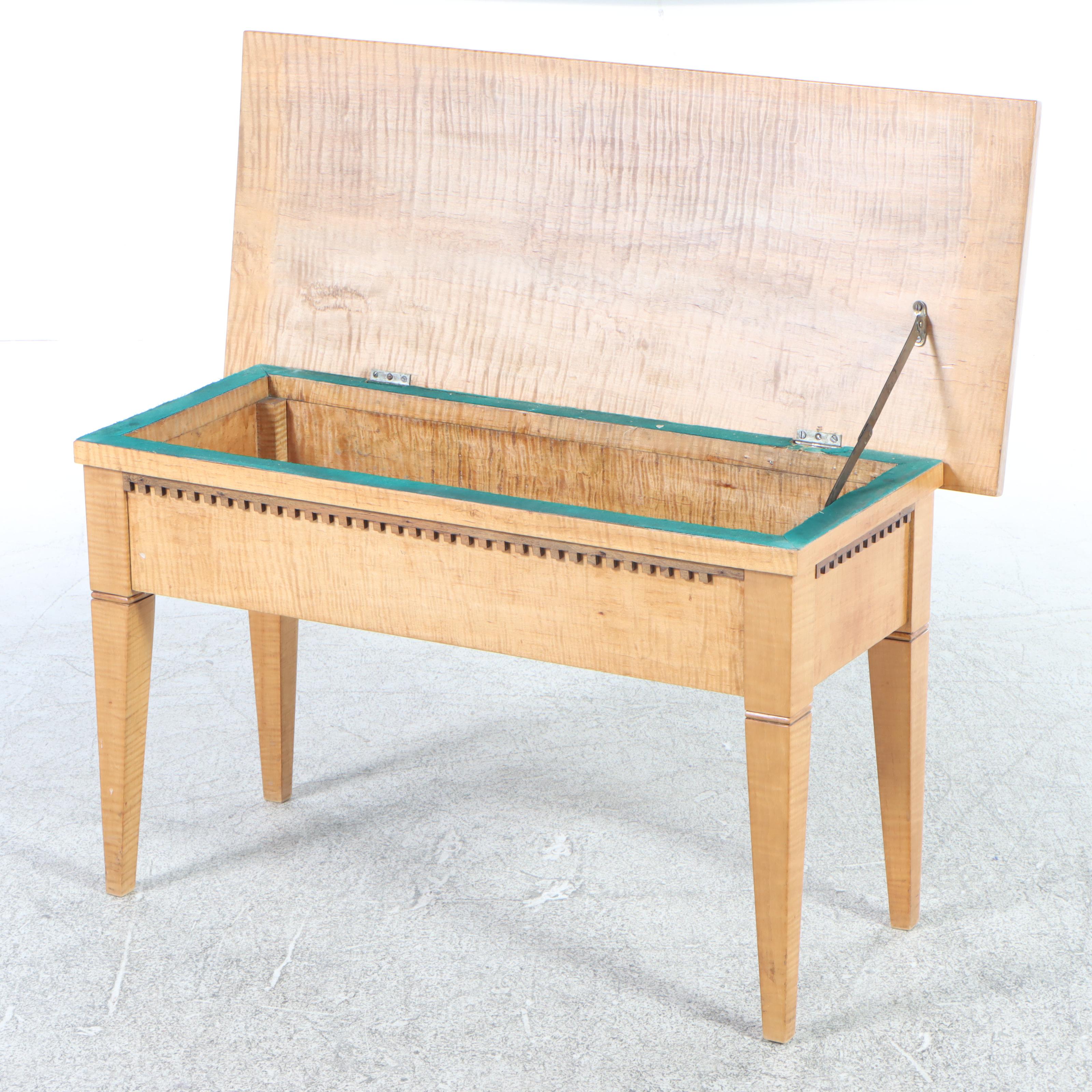 American Primitive Tiger Maple and Walnut Lift-Seat Bench, 20th Century