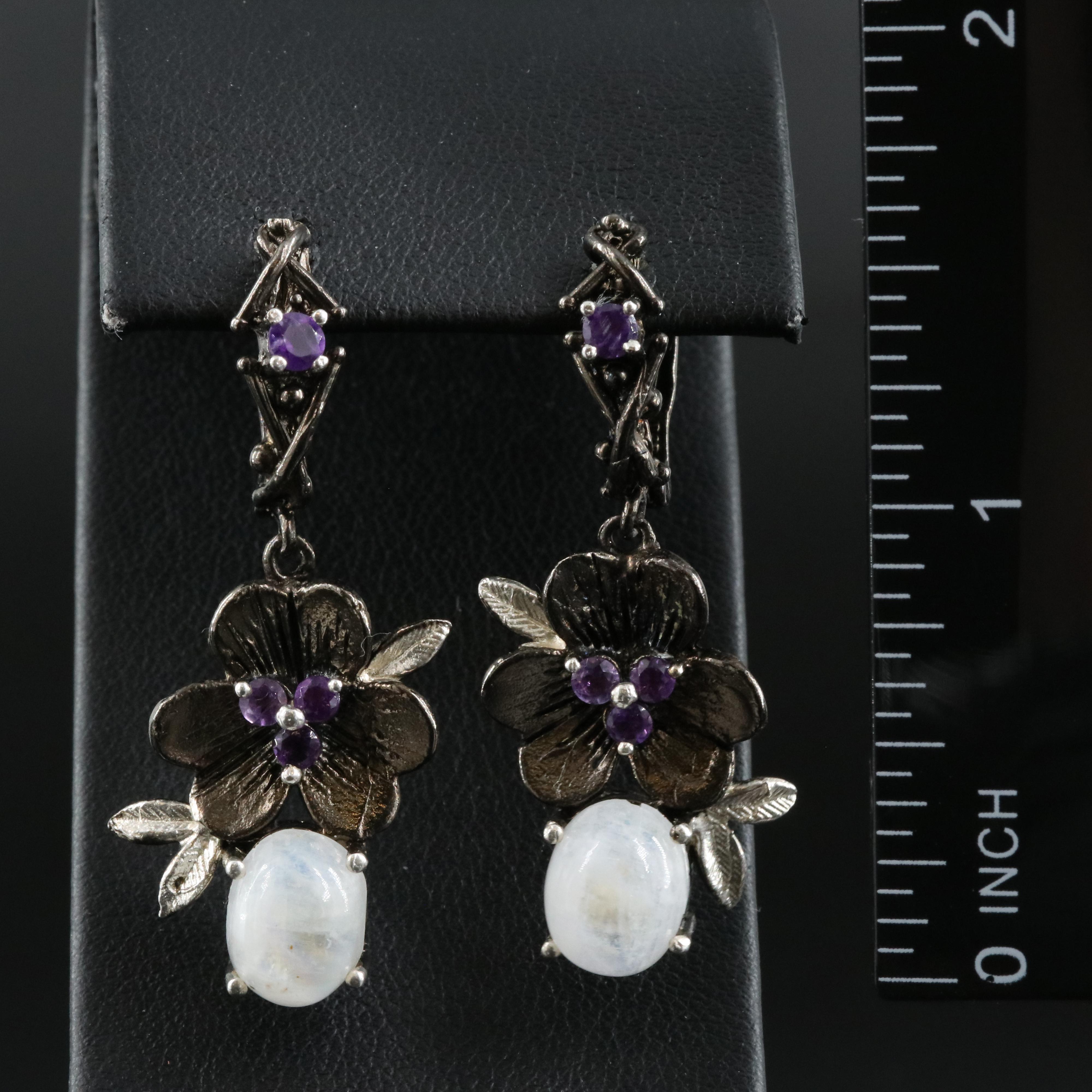 Sterling Rainbow Moonstone and Amethyst Earrings