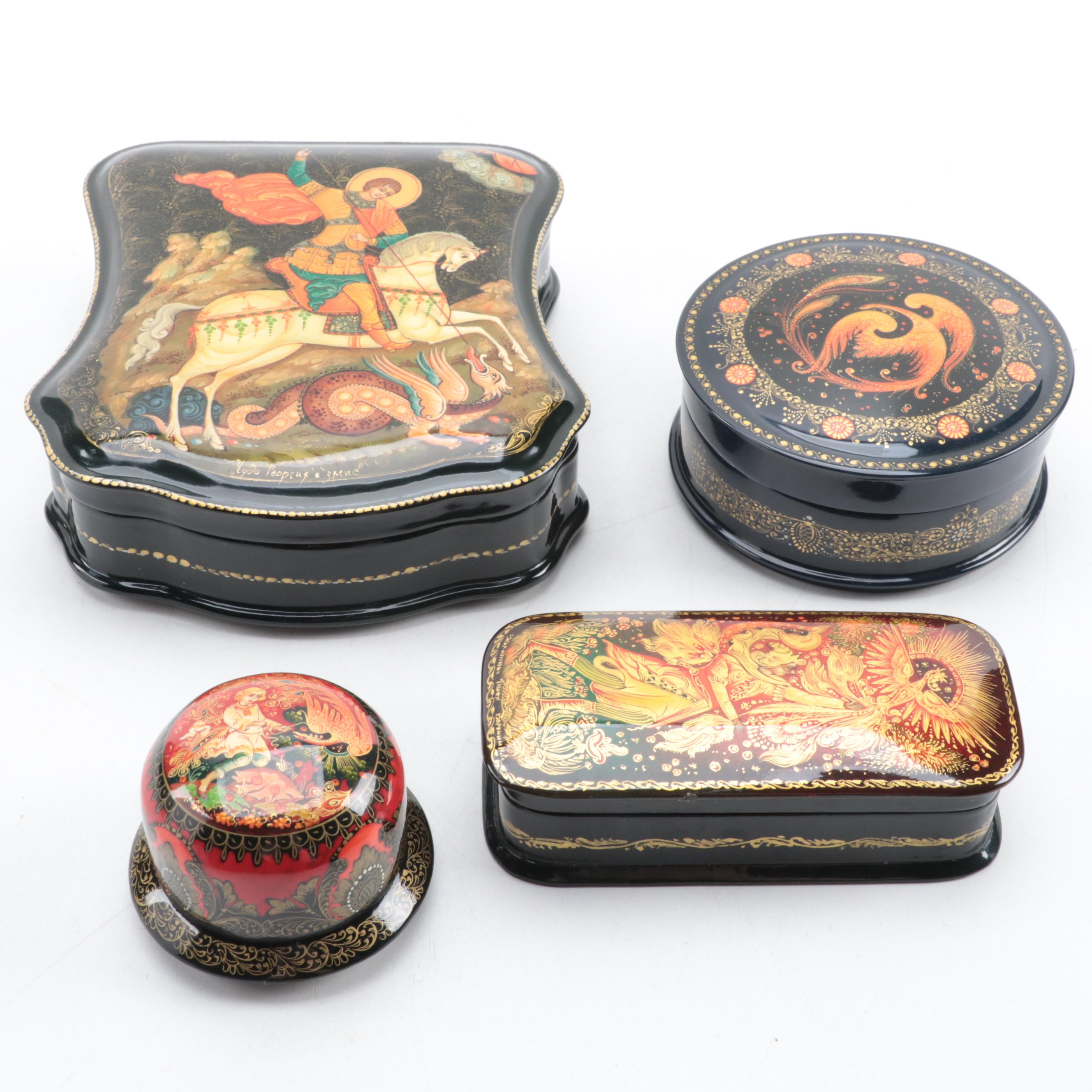 Russian "Saint George and the Dragon" with Other Hand-Painted Lacquer Boxes