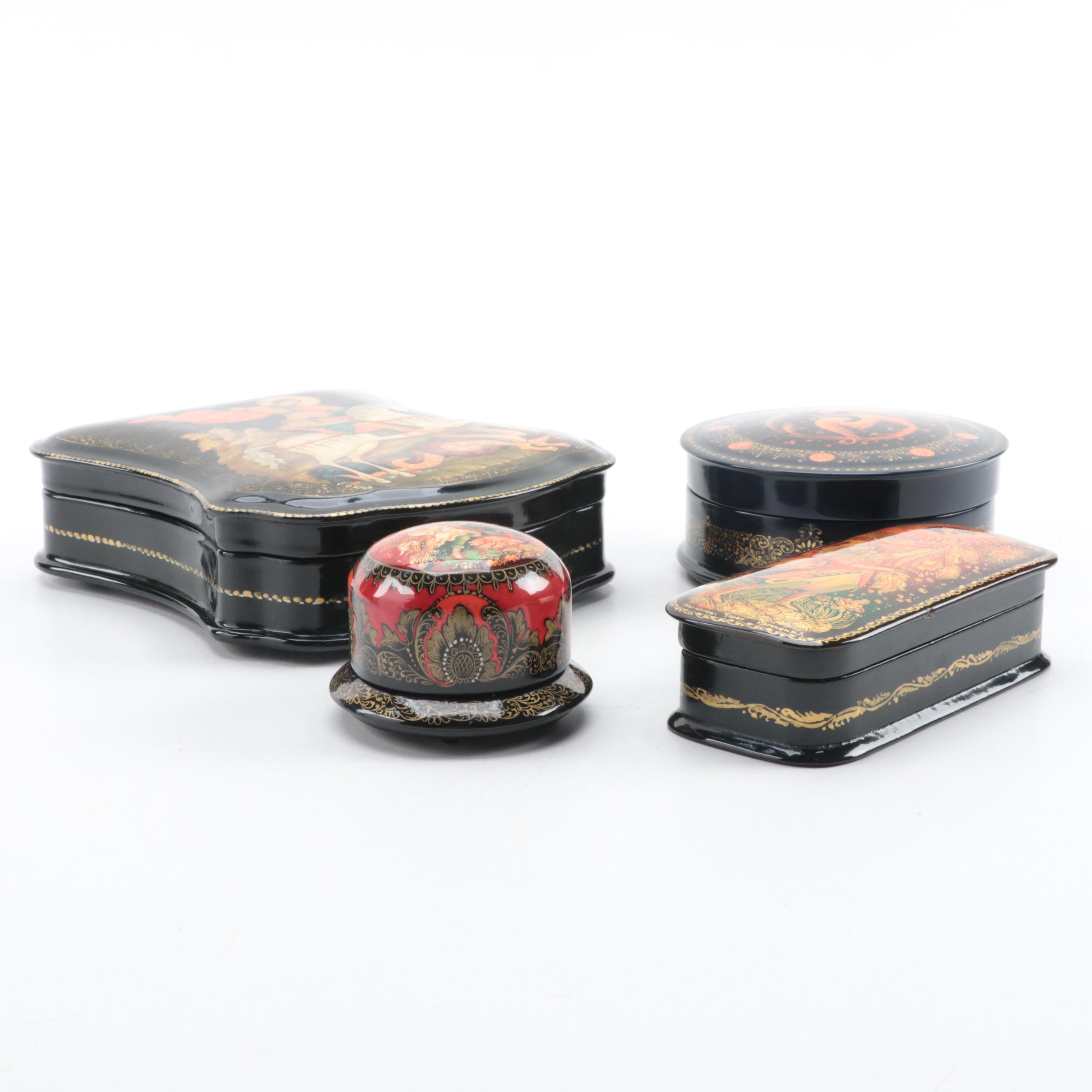 Russian "Saint George and the Dragon" with Other Hand-Painted Lacquer Boxes