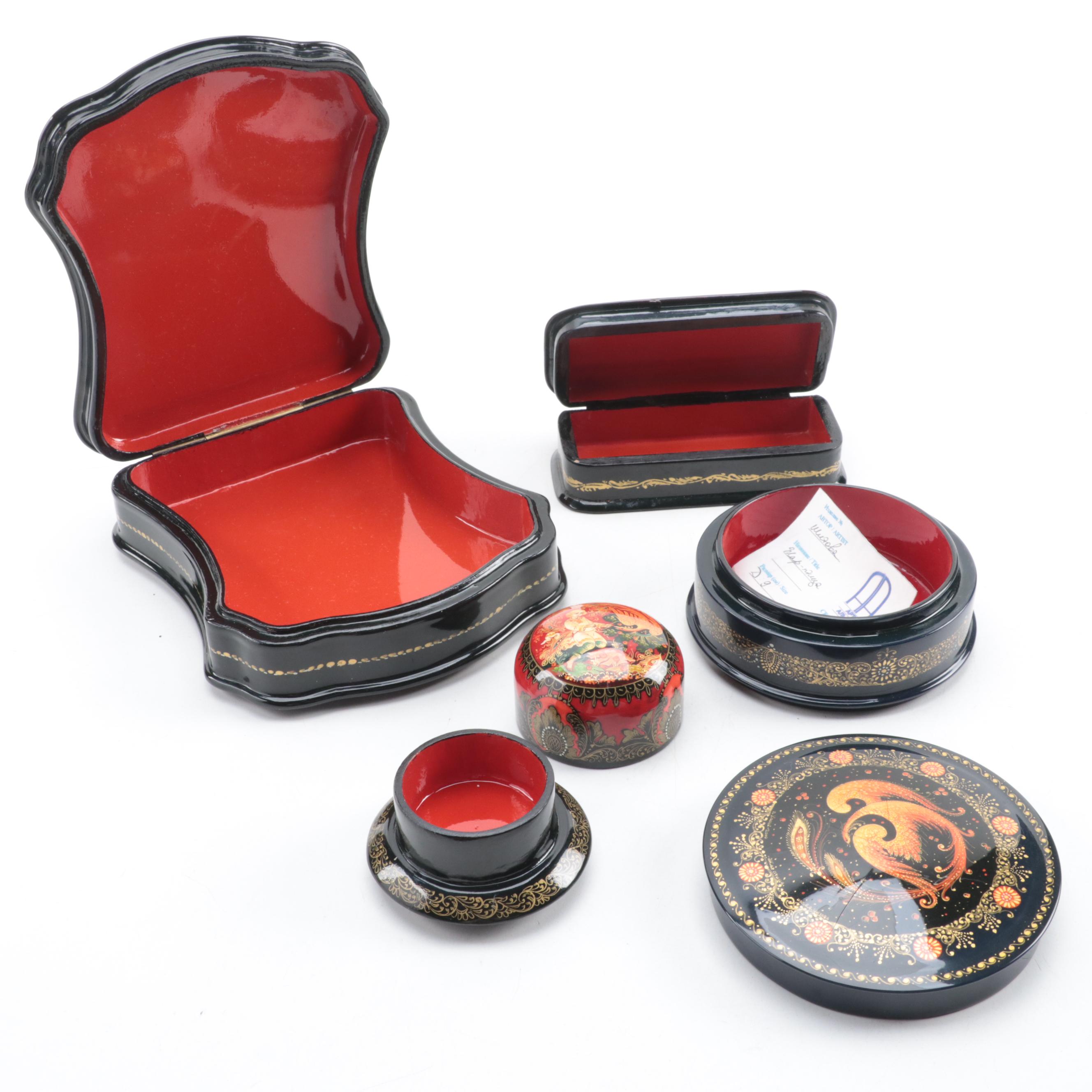 Russian "Saint George and the Dragon" with Other Hand-Painted Lacquer Boxes