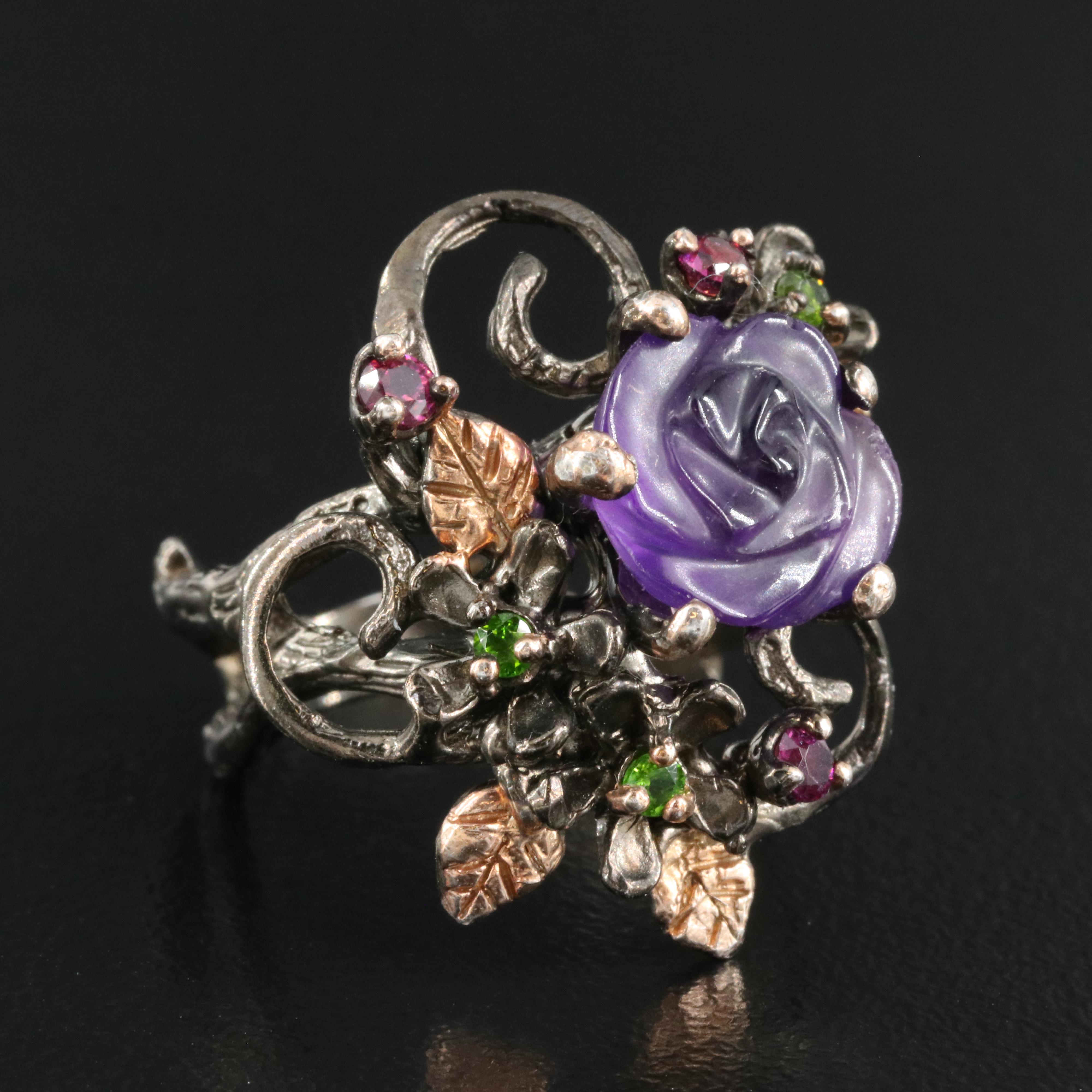 Sterling Ring Including Amethyst, Rhodolite Garnet and Diopside