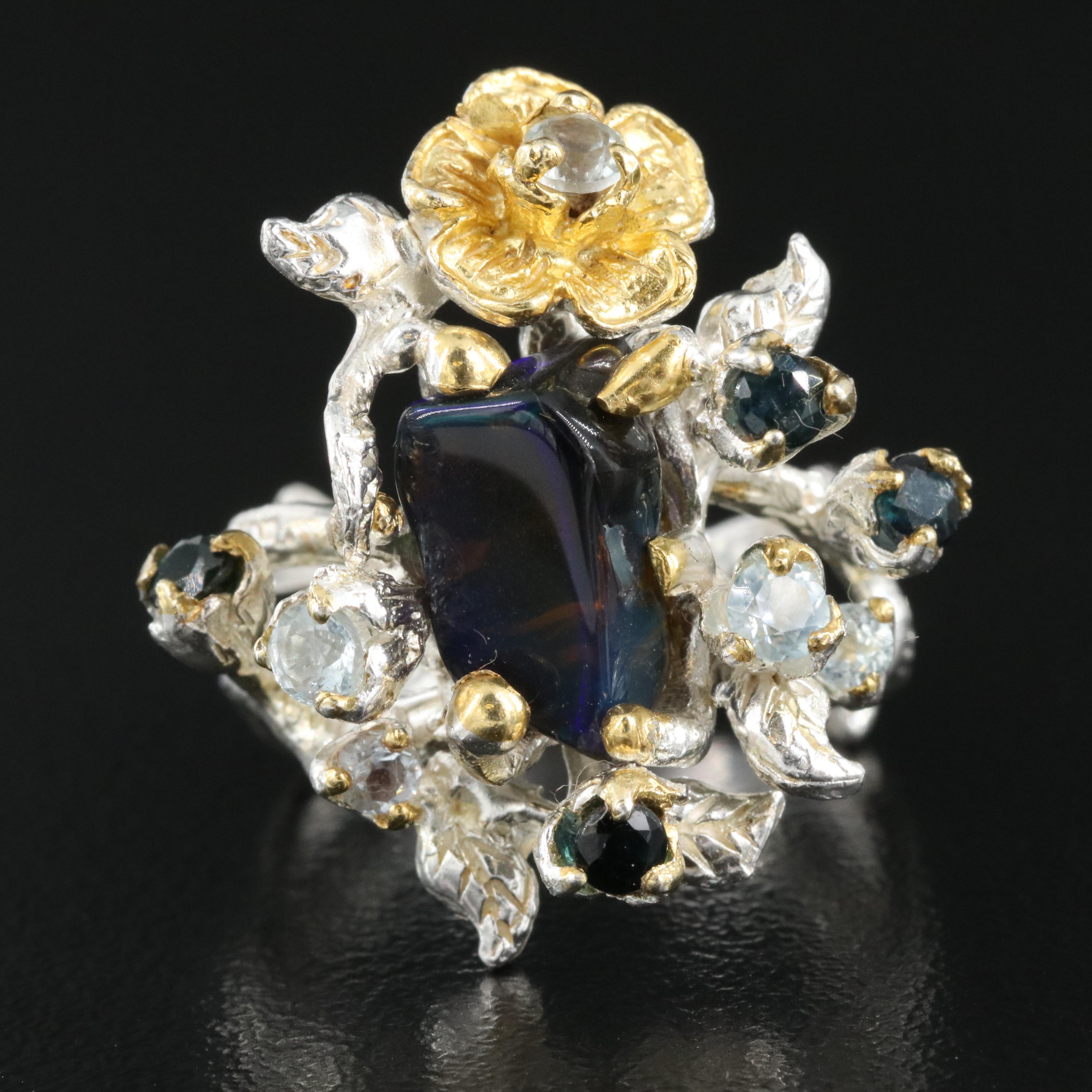 Sterling Opal, Sapphire and Topaz Ring