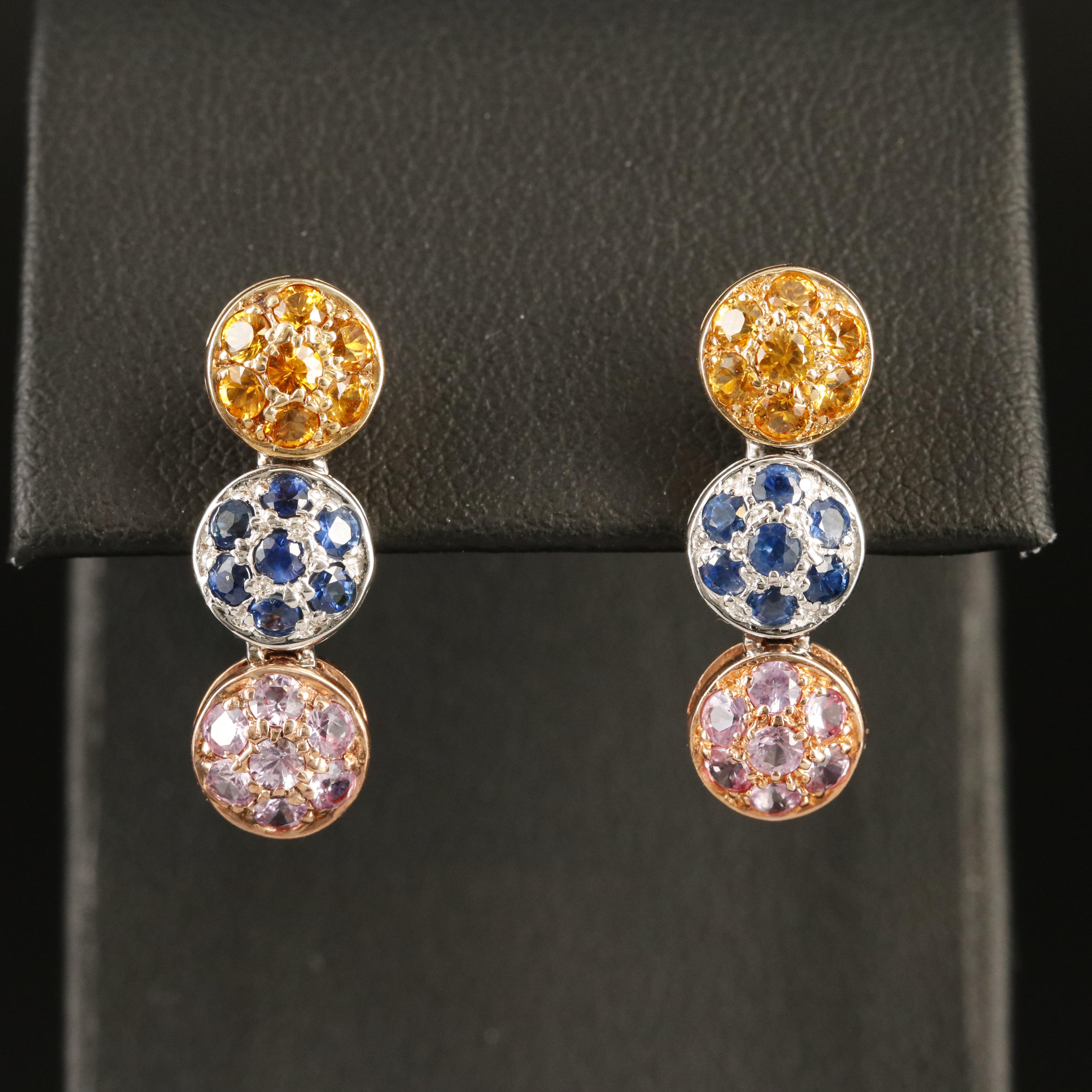 14K Tri-Color Gold Orange, Pink and Blue Sapphire Earrings