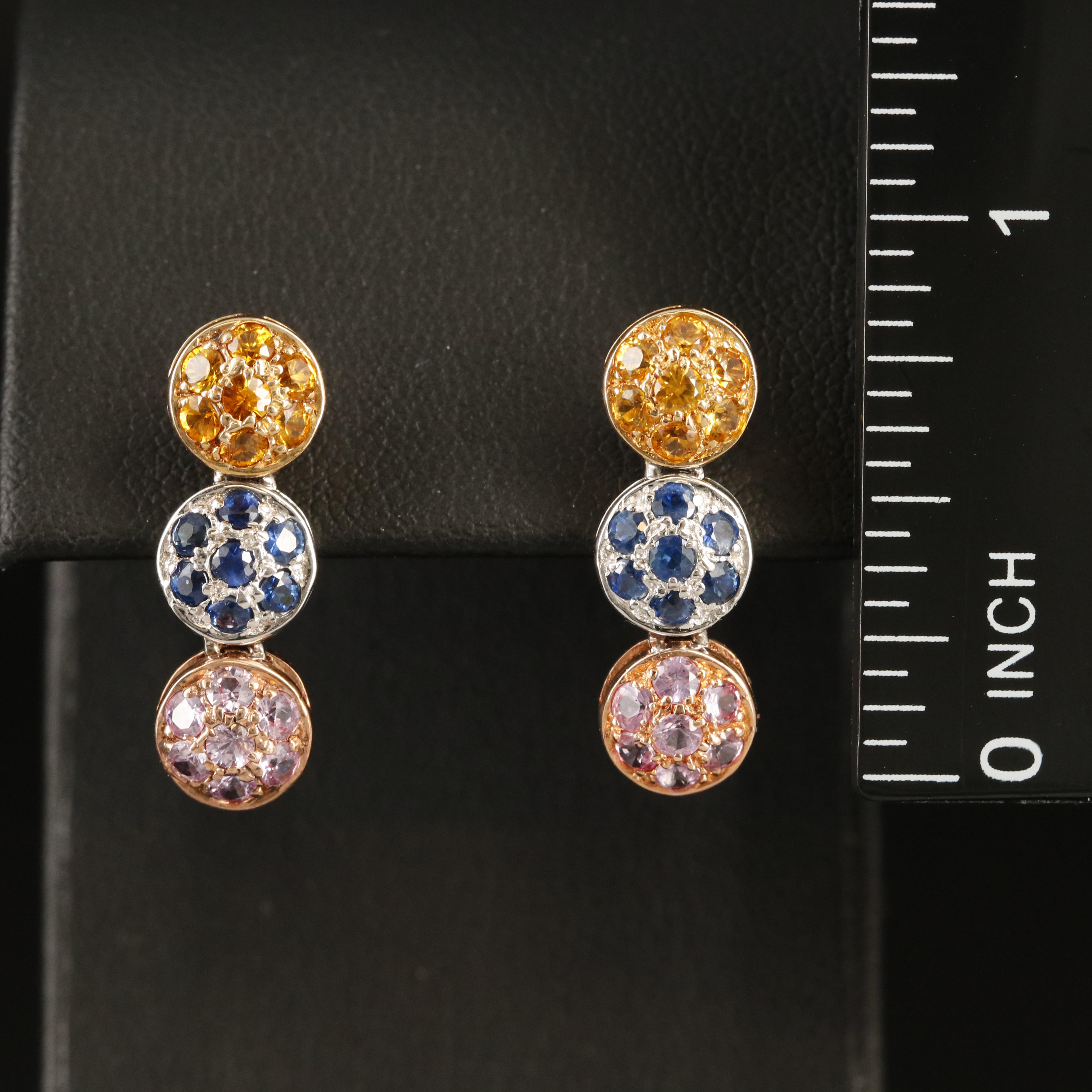 14K Tri-Color Gold Orange, Pink and Blue Sapphire Earrings