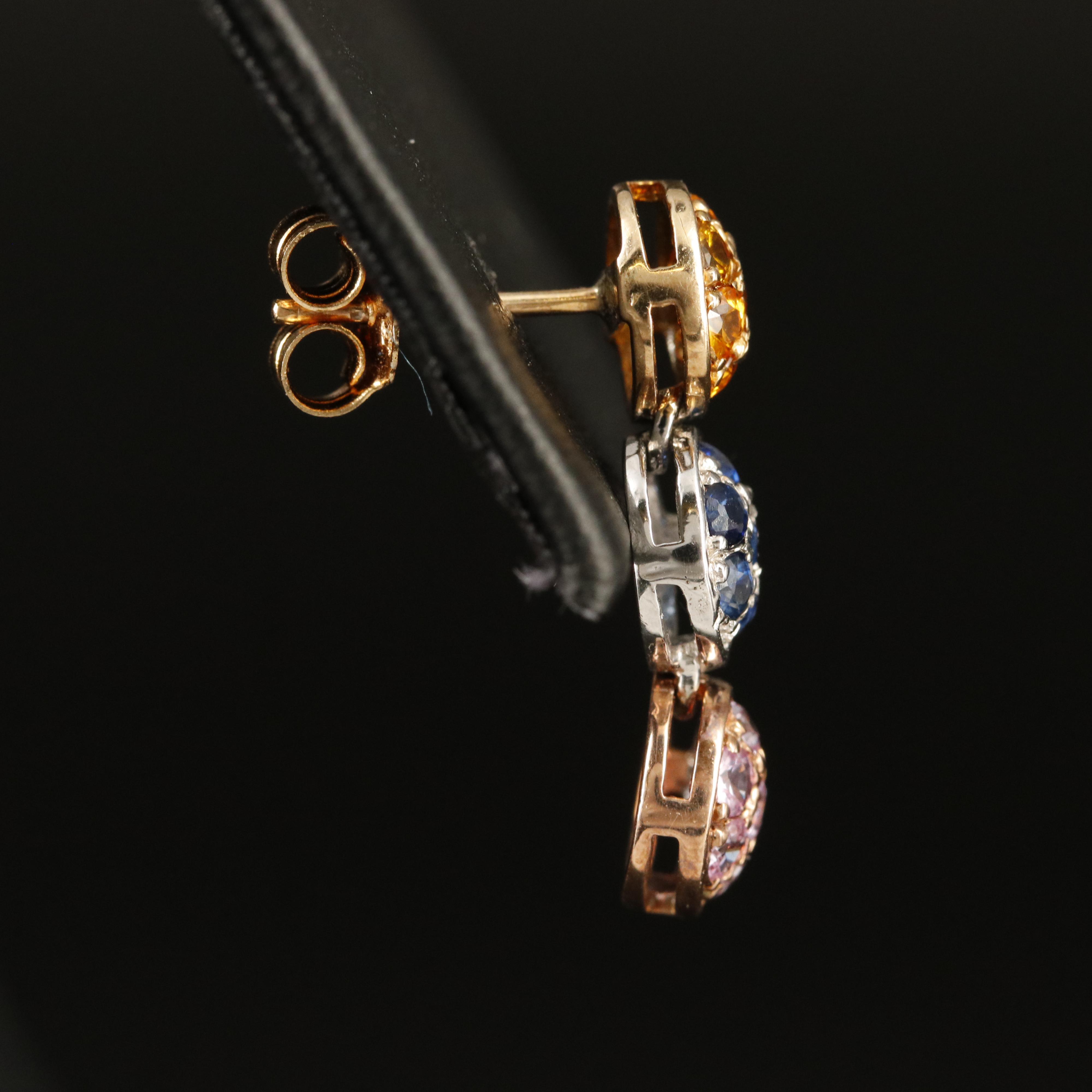 14K Tri-Color Gold Orange, Pink and Blue Sapphire Earrings