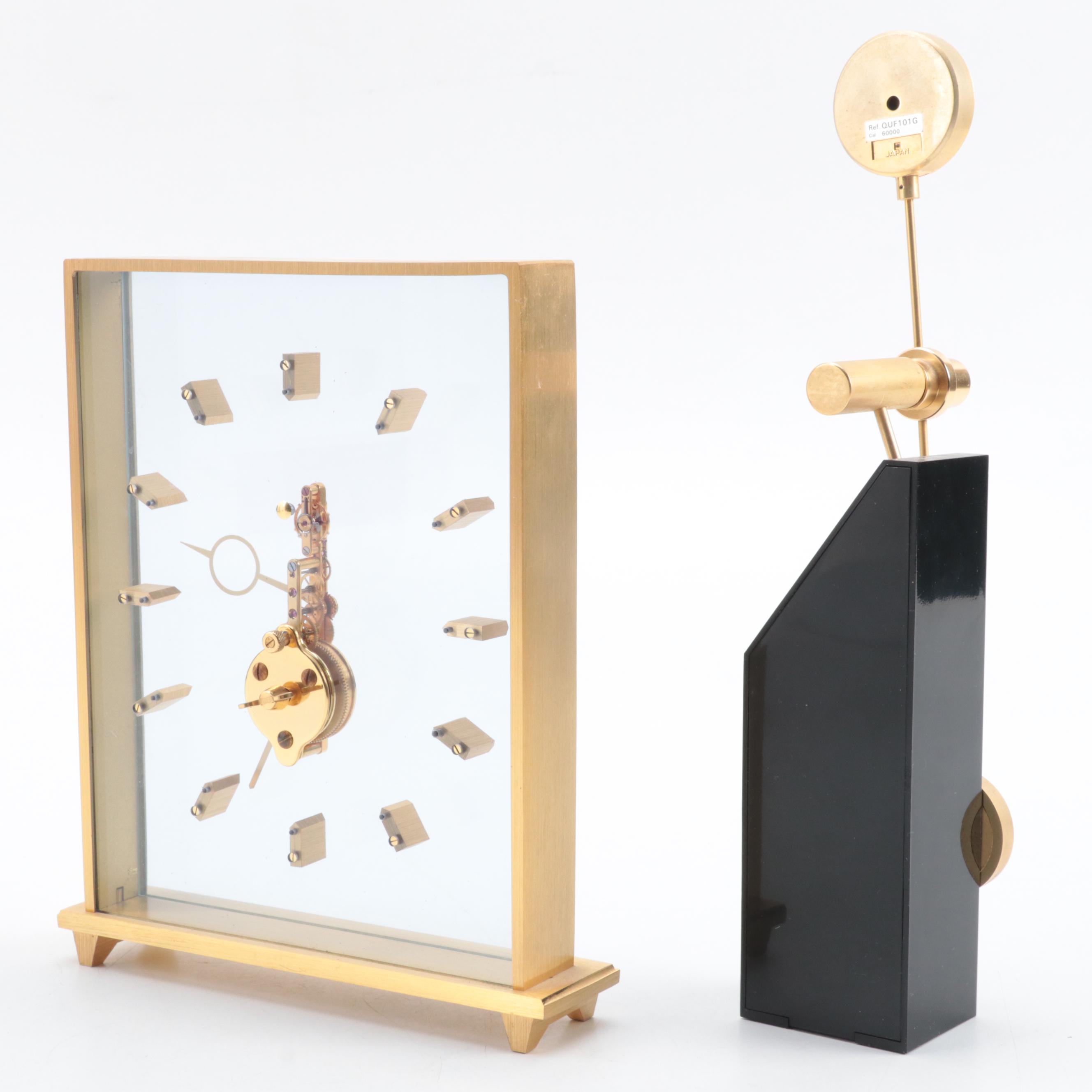 Swiss Jeweled Bronze Looping Desk Clock and Seiko Quartz Desk Clock