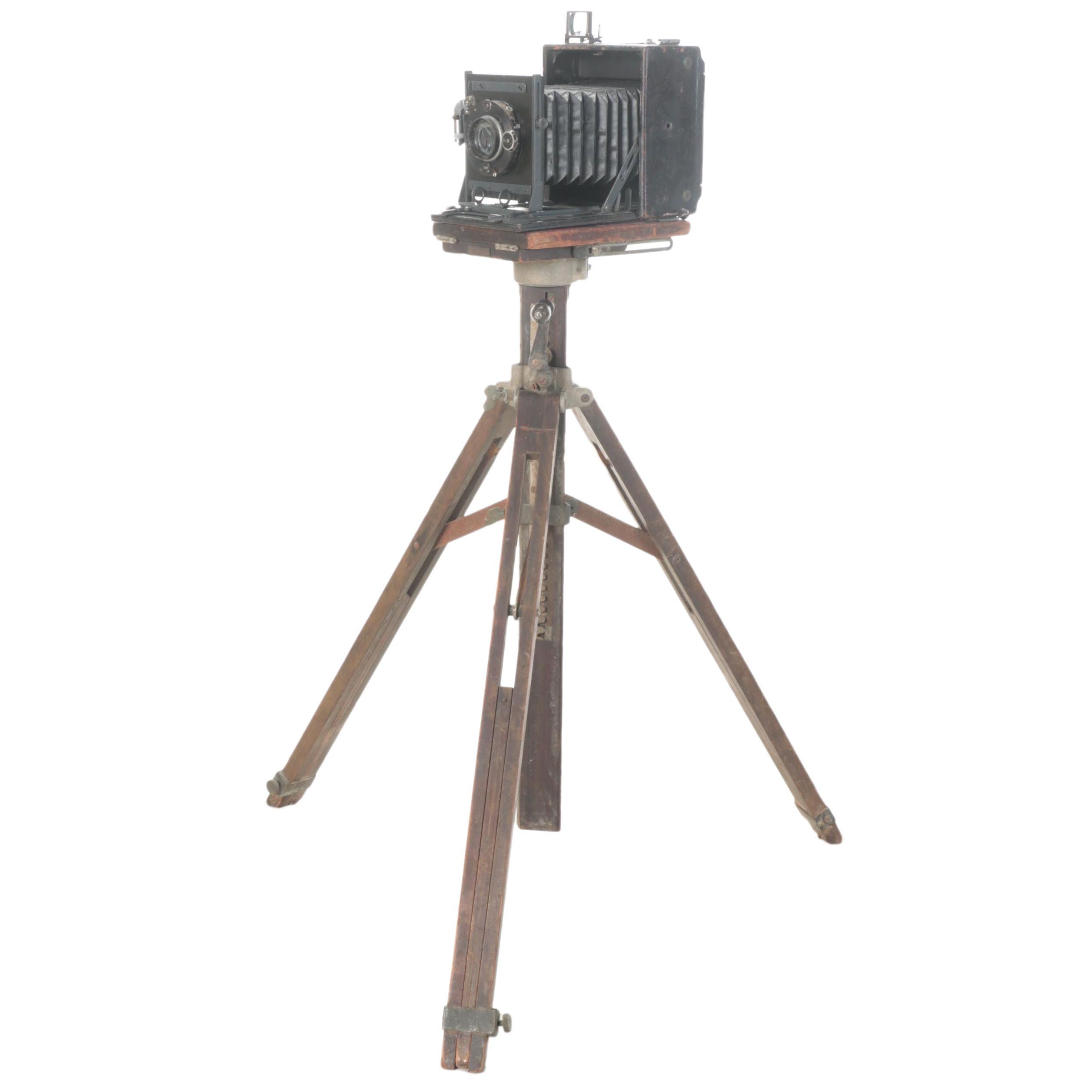 Folmer Graflex Speed Graphic Camera,  Kodak Anastigmat Lens, Ansco Tripod Stand