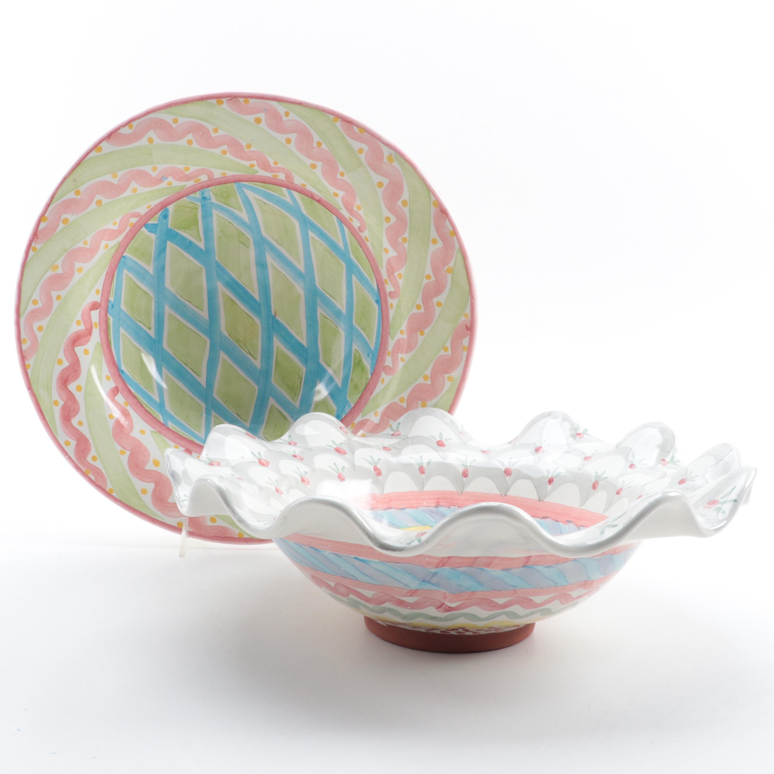 MacKenzie-Childs Hand-Painted Terracotta Ruffled Edge Bowl and Plate