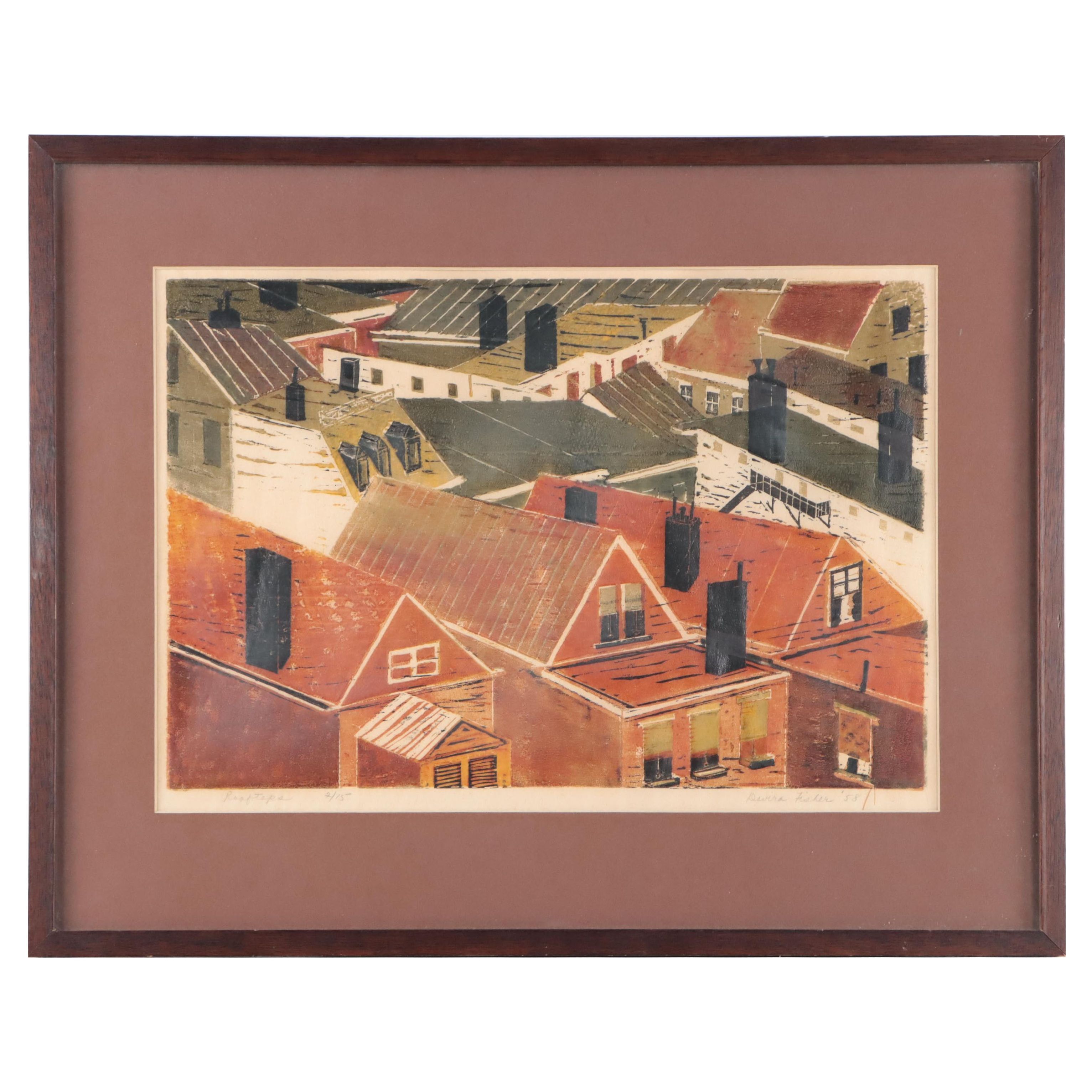 Davira Fisher Woodblock Print "Rooftops," 1958