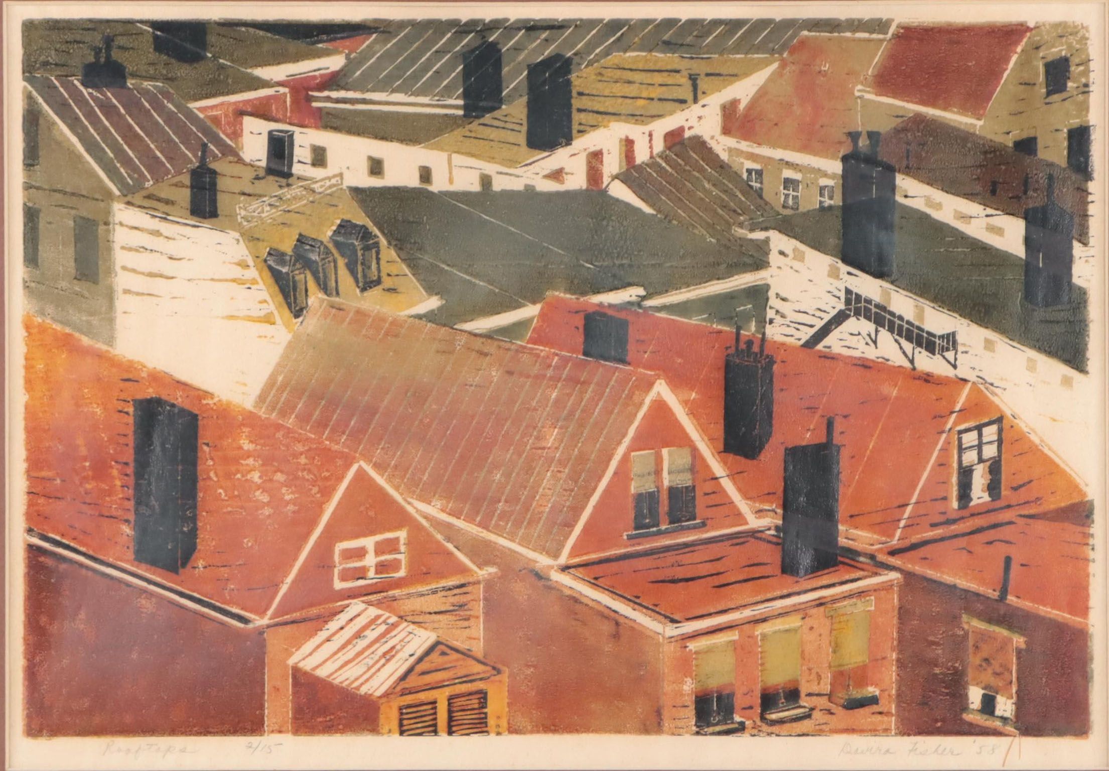 Davira Fisher Woodblock Print "Rooftops," 1958