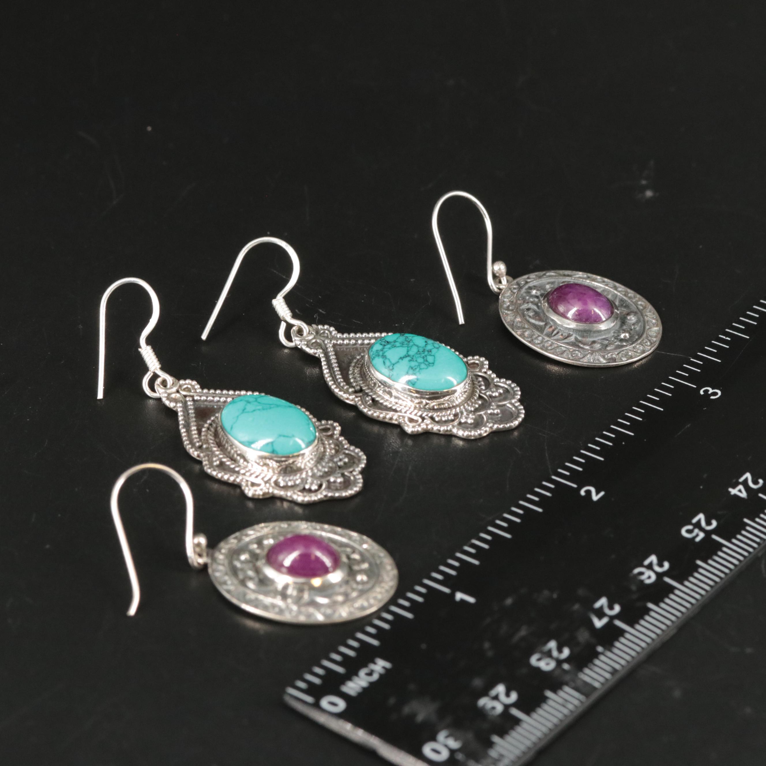 Sterling Ruby and Imitated Turquoise Dangle Earrings