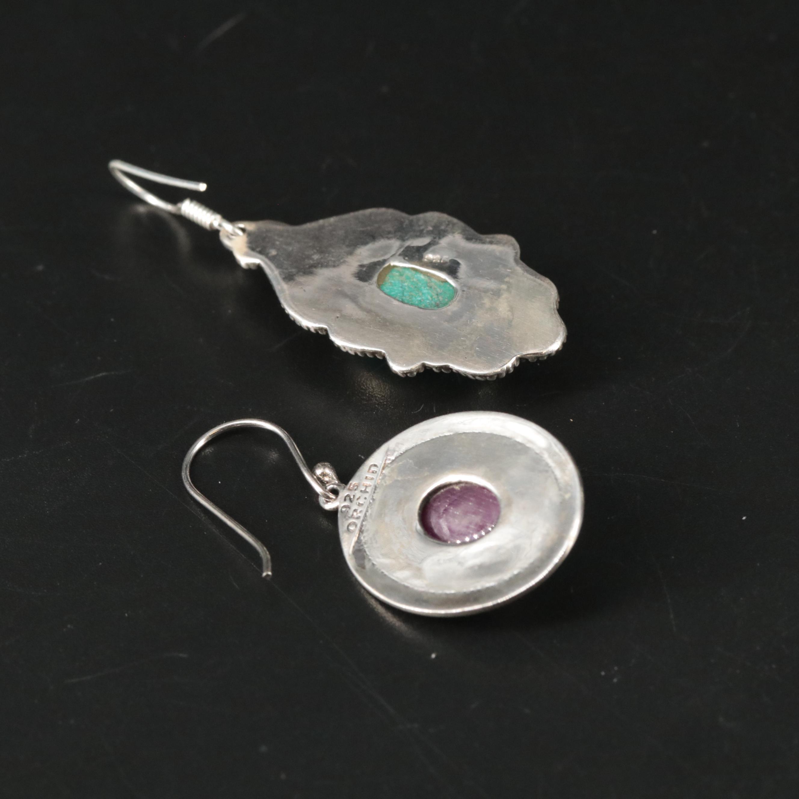 Sterling Ruby and Imitated Turquoise Dangle Earrings