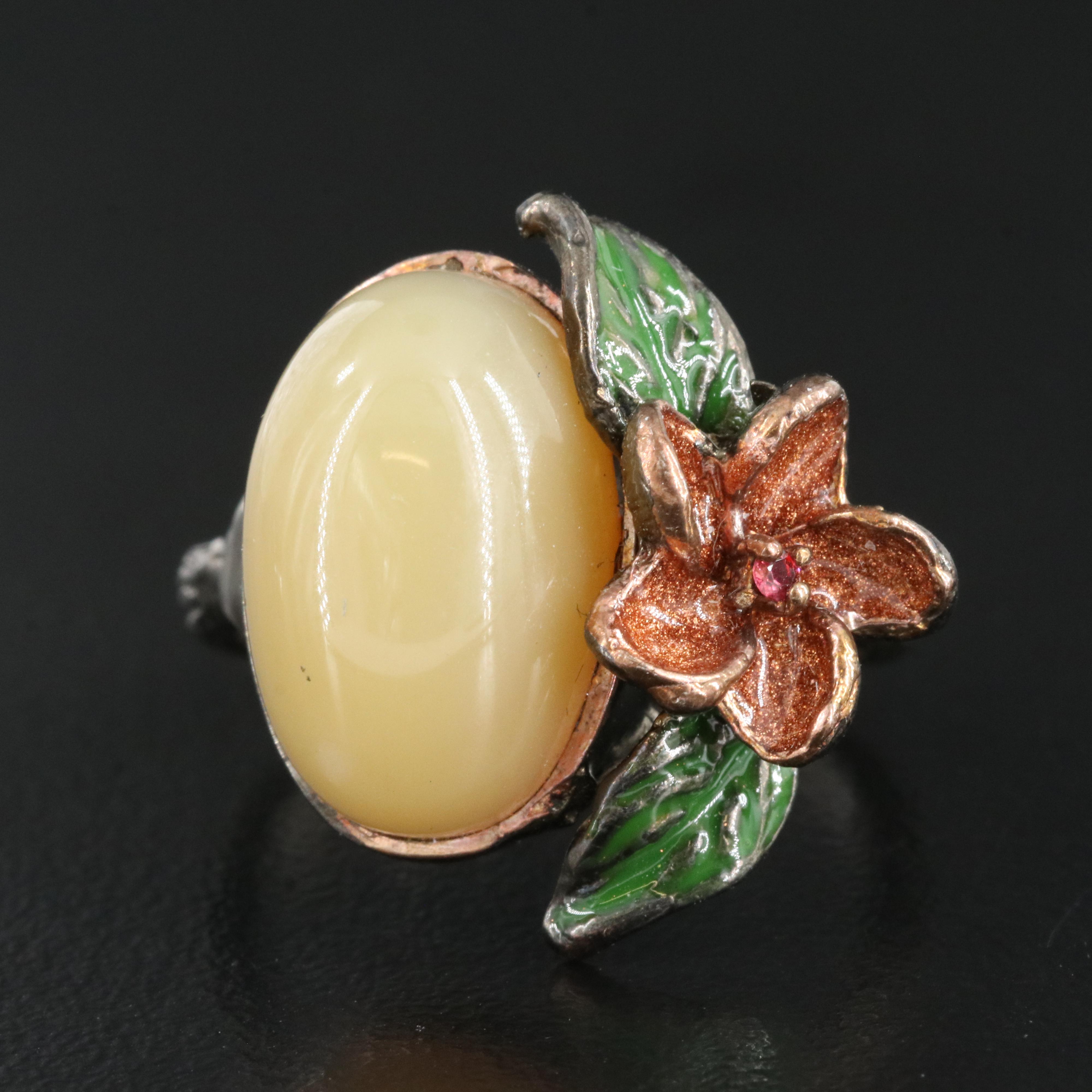 Sterling Opal, Garnet and Enamel Floral Ring