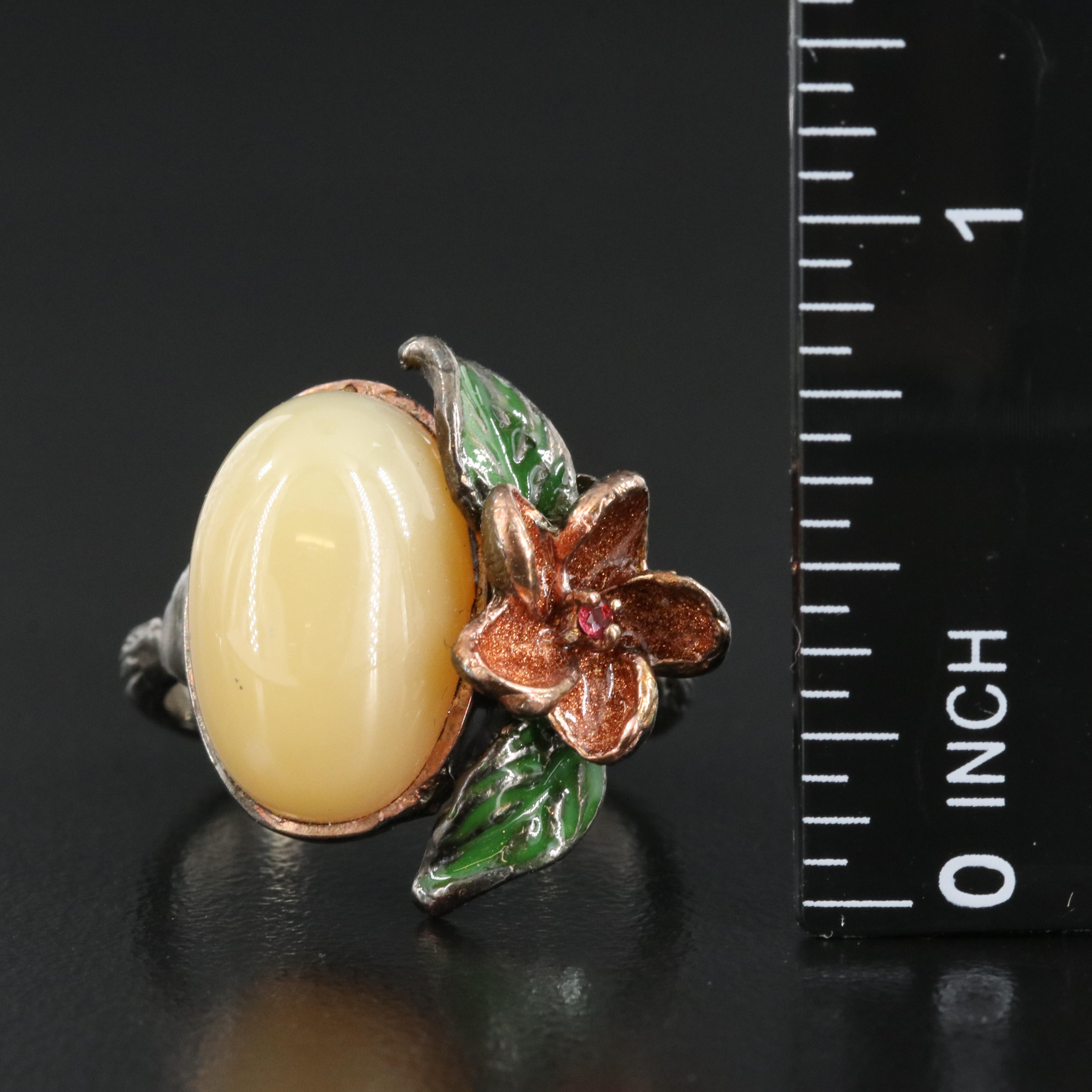 Sterling Opal, Garnet and Enamel Floral Ring