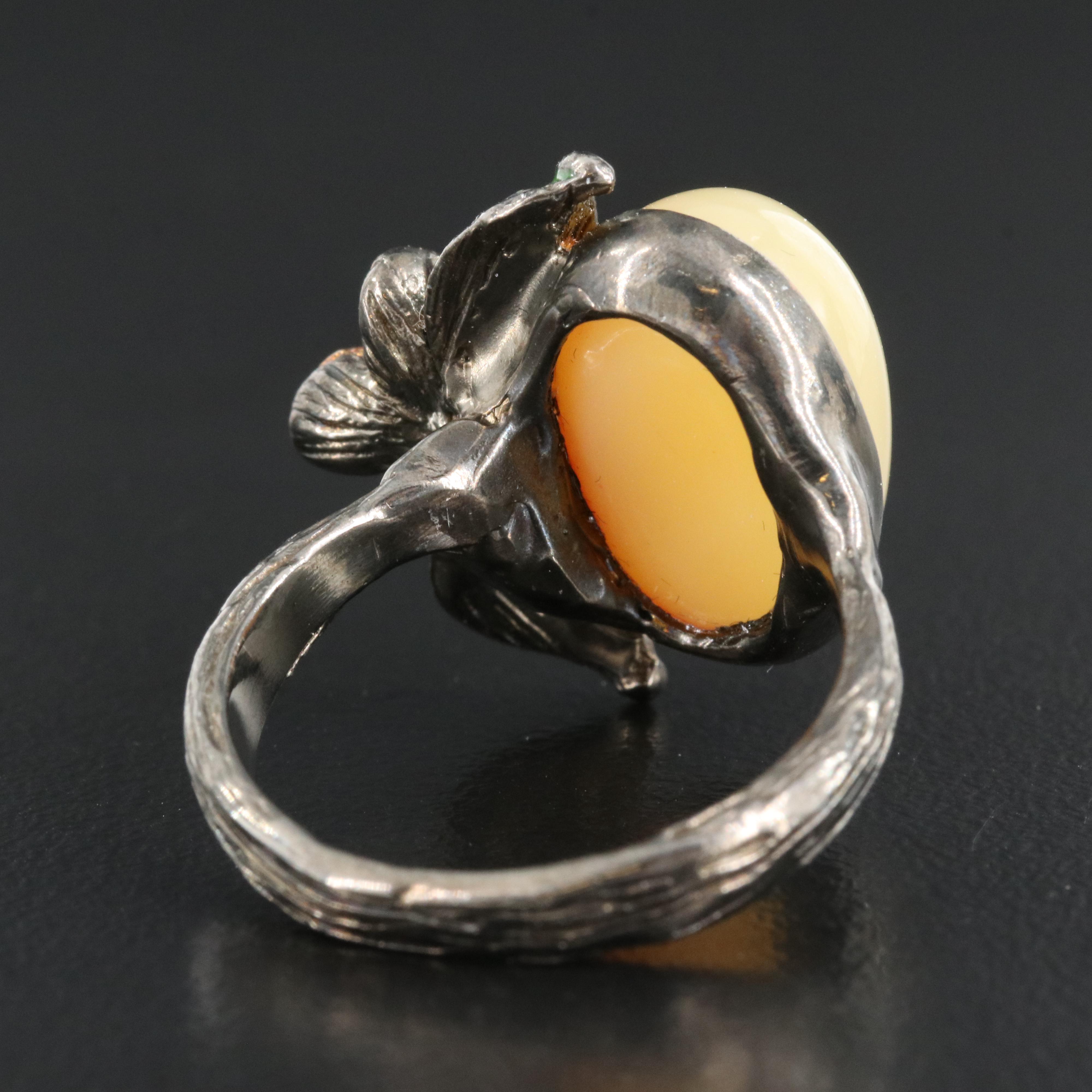 Sterling Opal, Garnet and Enamel Floral Ring