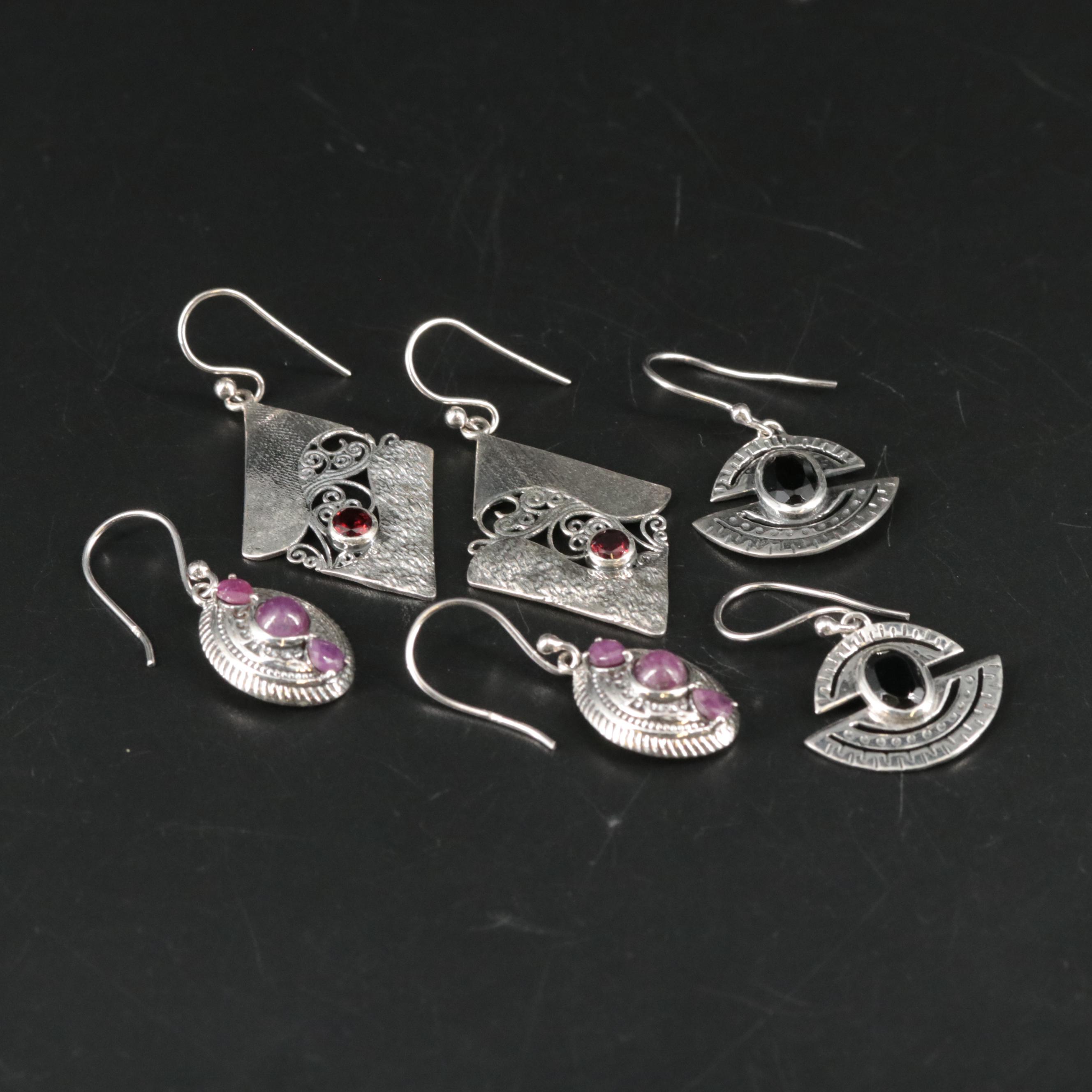 Sterling Ruby, Garnet, and Black Onyx Dangle Earrings