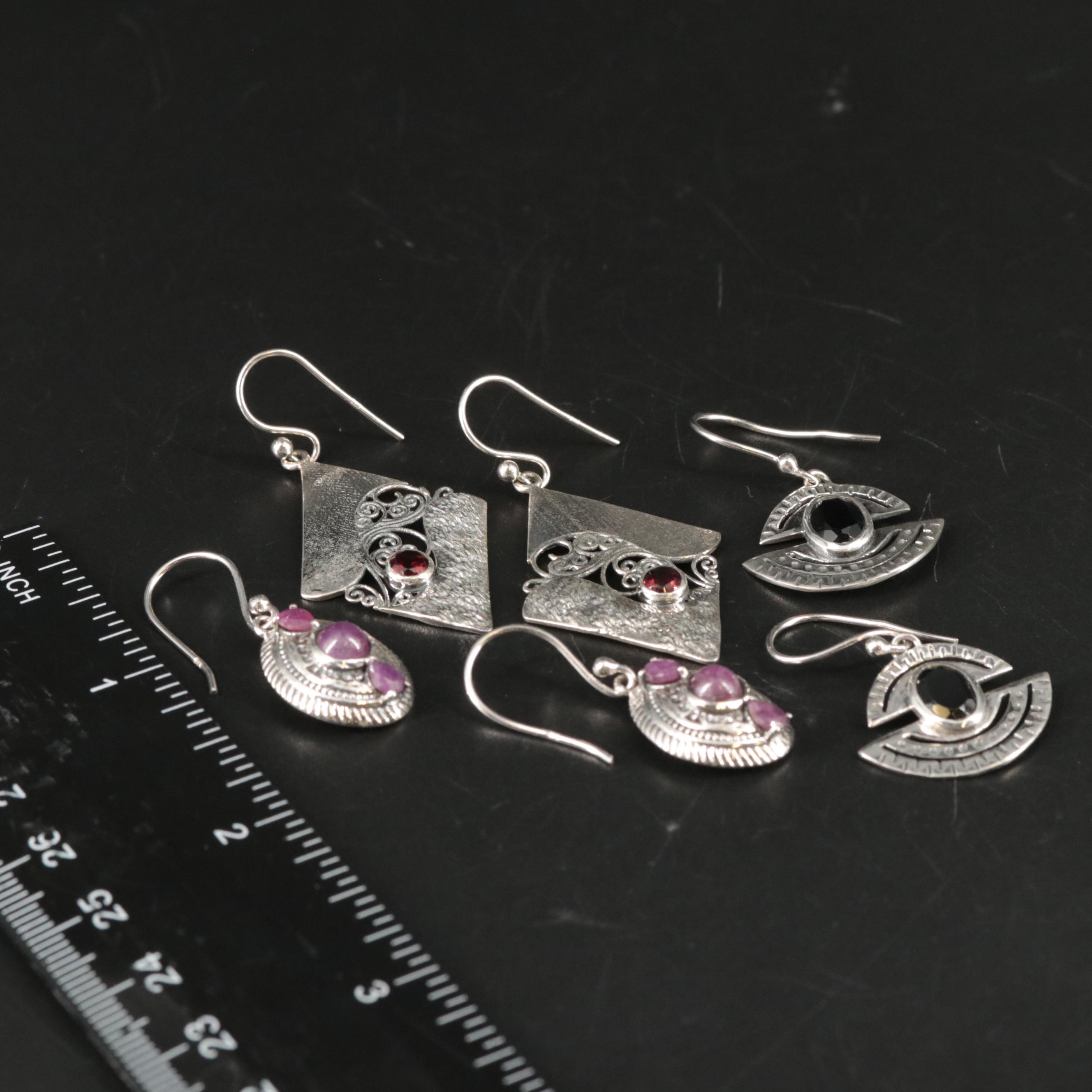 Sterling Ruby, Garnet, and Black Onyx Dangle Earrings