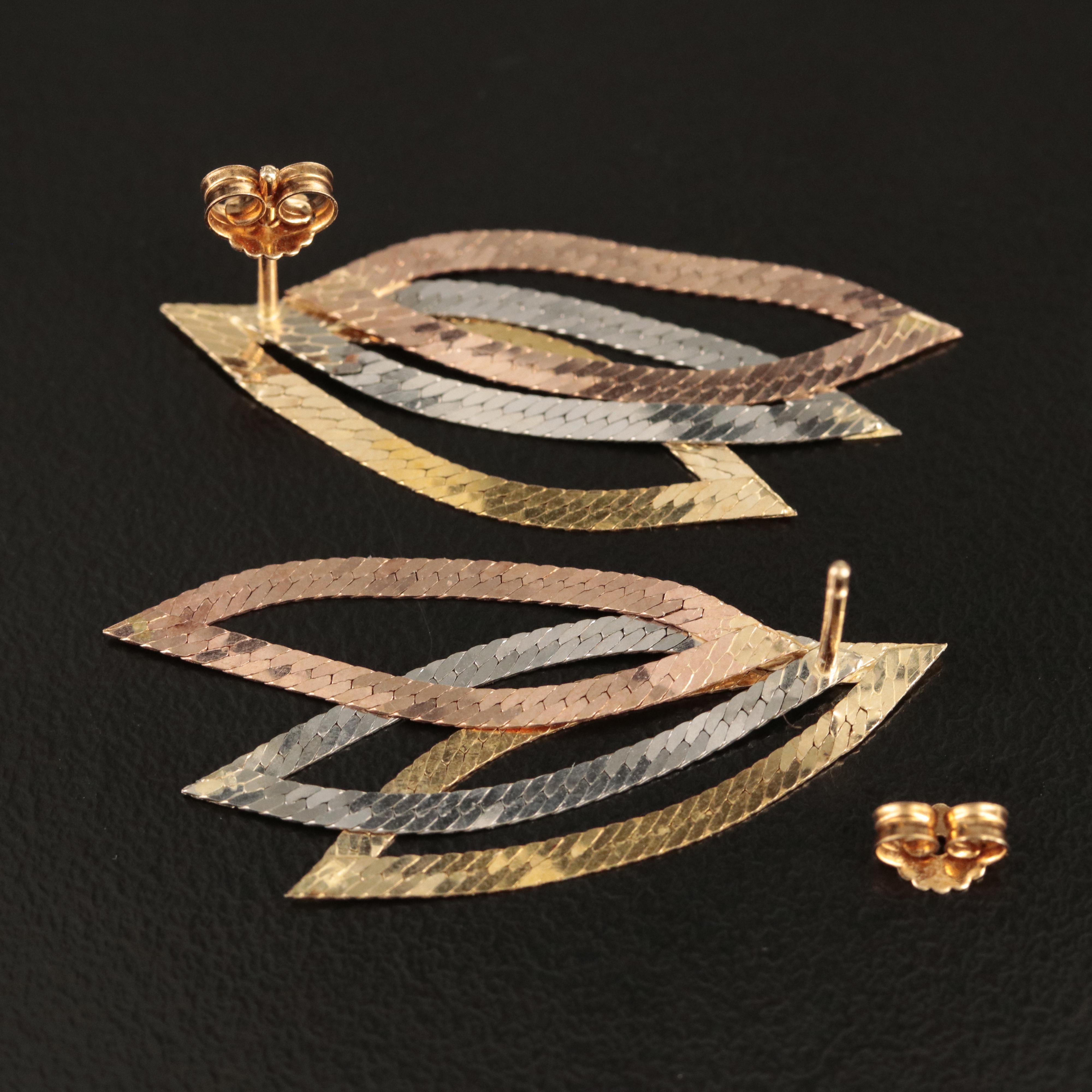 14K Tri-Color Navette Earrings