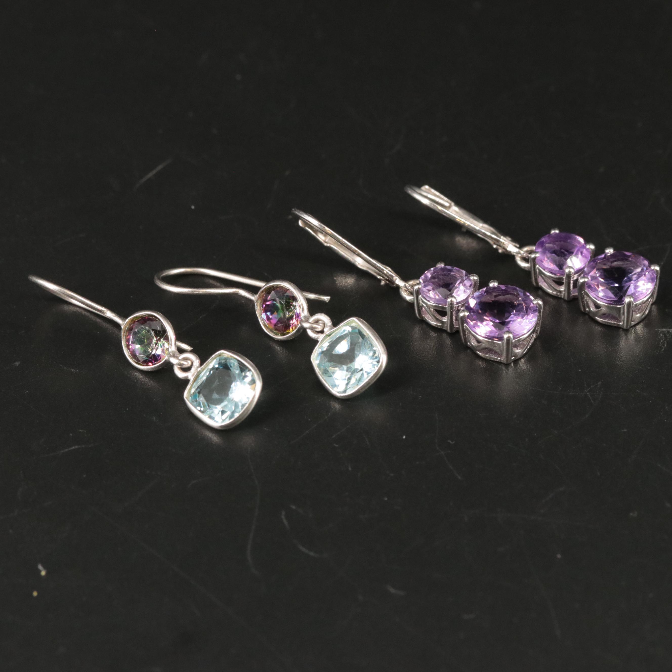 Sterling Amethyst, Blue Topaz and Glass Surface Drop Earrings