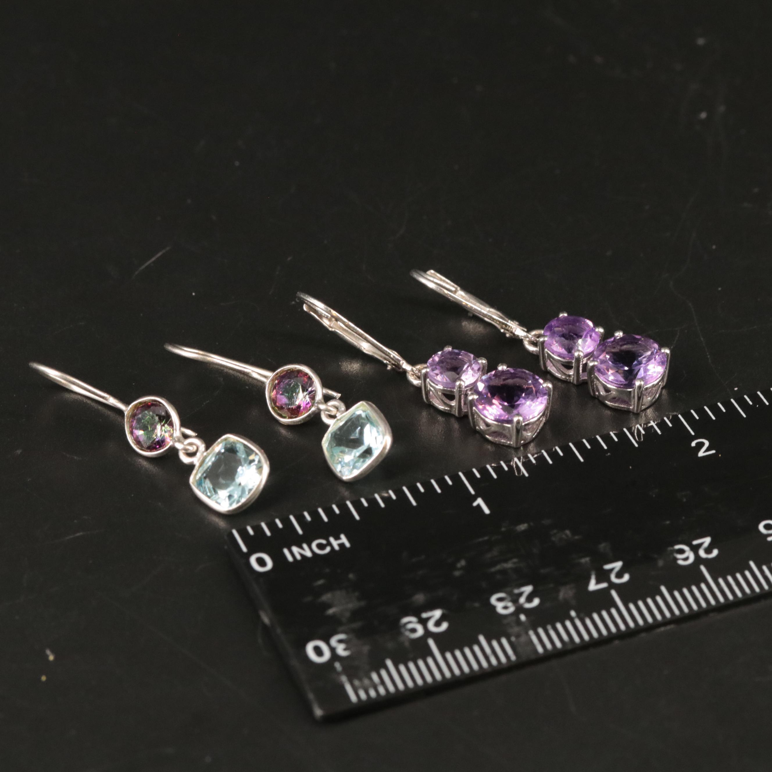 Sterling Amethyst, Blue Topaz and Glass Surface Drop Earrings